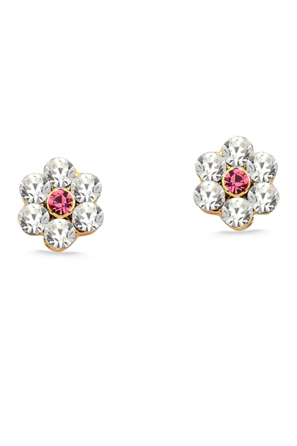 BRINCO MINI FLOR COM STRASS CRISTAL E ROSA FOLHEADO A OURO 18K GRANDE