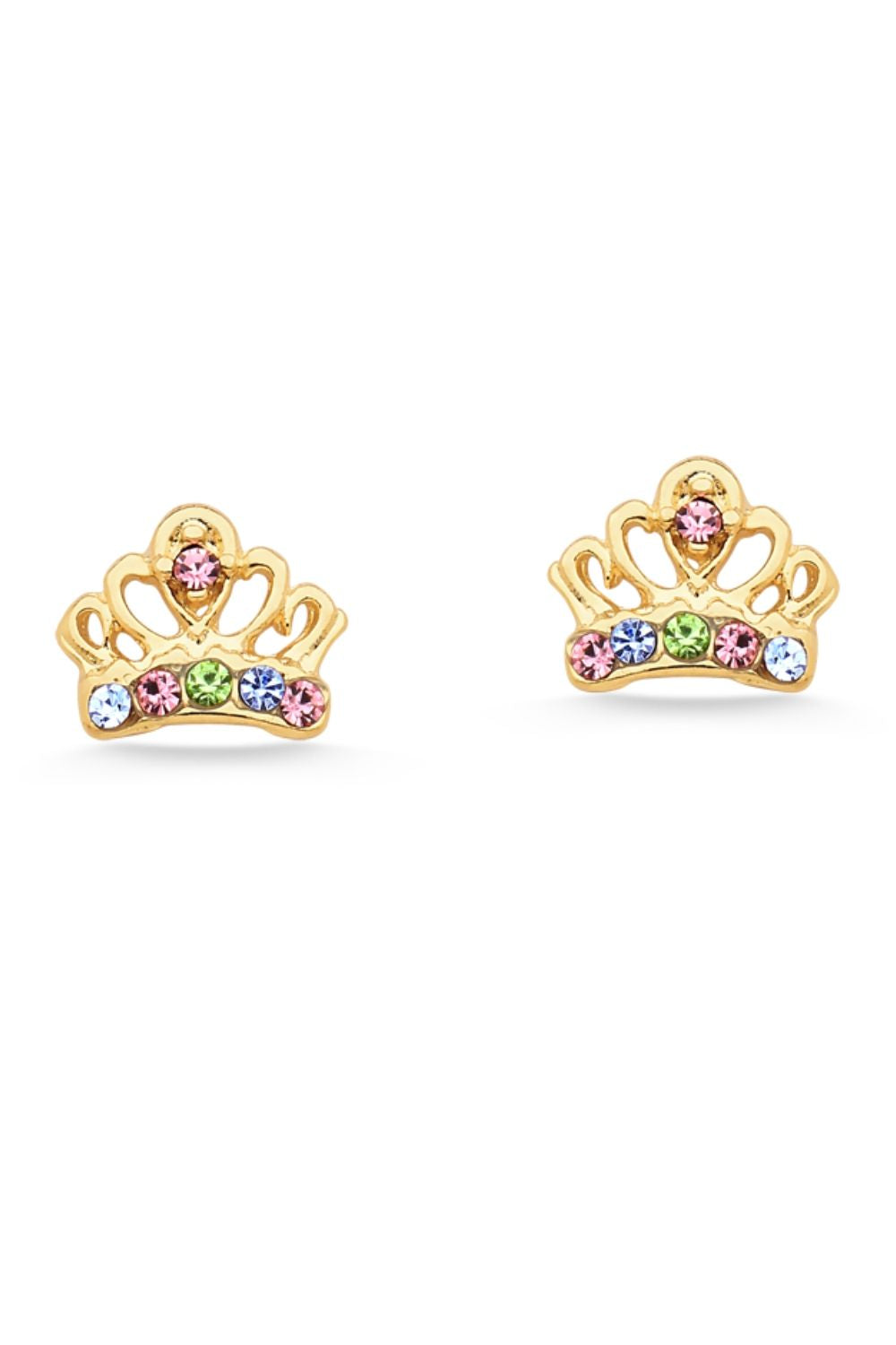 BRINCO MINI COROA COM STRASS COLORIDAS FOLHEADO A OURO 18K
