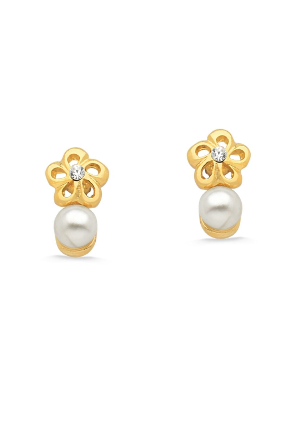 BRINCO MINI FLOR COM STRASS E PÉROLA FOLHEADO A OURO 18K