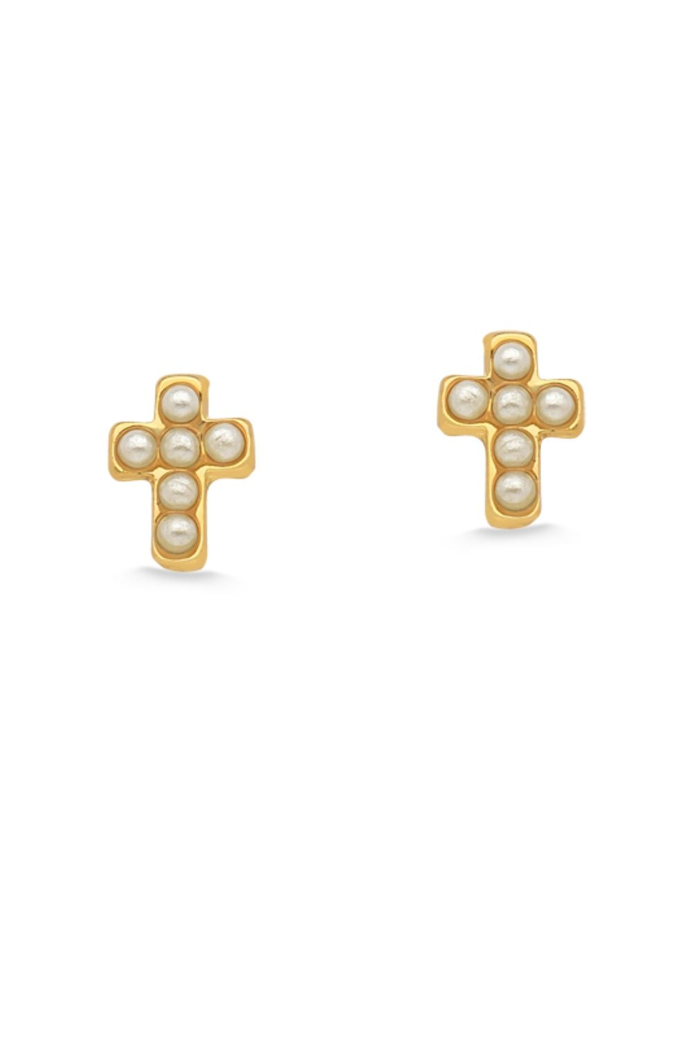 BRINCO MINI CRUZ COM PÉROLAS FOLHEADO A OURO 18K