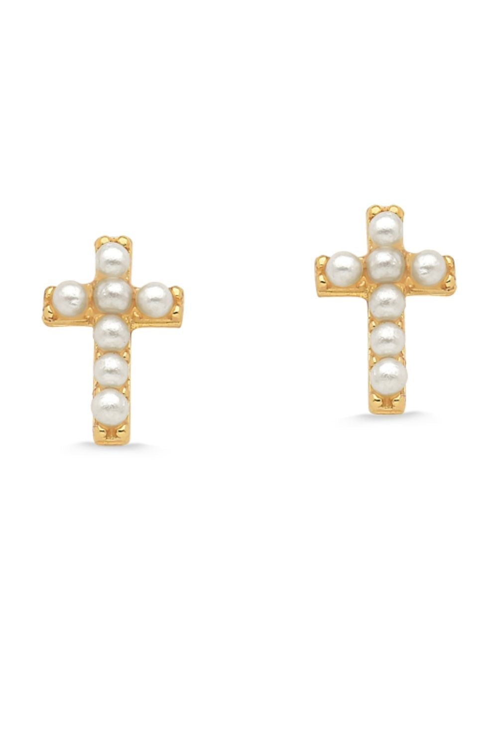 BRINCO MINI CRUZ COM PÉROLAS FOLHEADO A OURO 18K