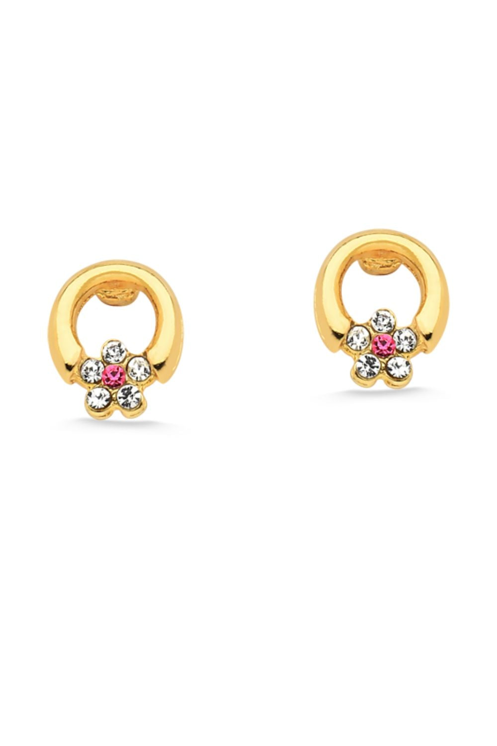 BRINCO MINI FLOR COM ARCO E STRASS FOLHEADO A OURO 18K