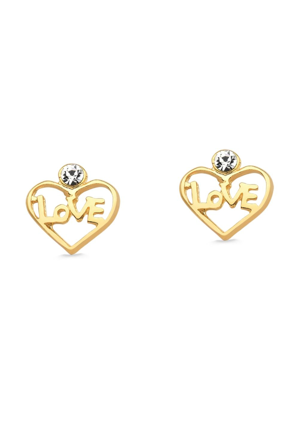 BRINCO MINI CORAÇÃO LOVE COM STRASS FOLHEADO A OURO 18K