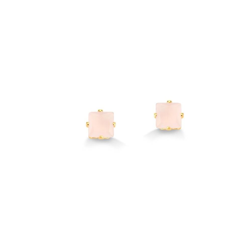 BRINCO PEDRA QUADRADA ROSA "M" FOLHEADO A OURO 18K