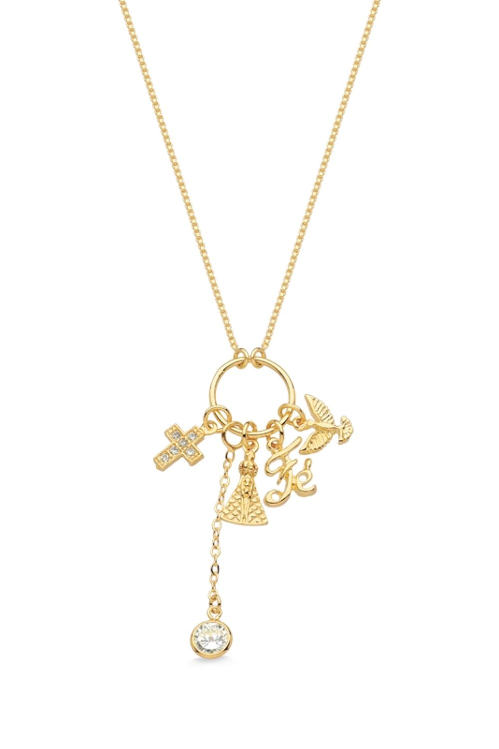 COLAR COM PINGENTES RELIGIOSOS FOLHEADO A OURO 18K