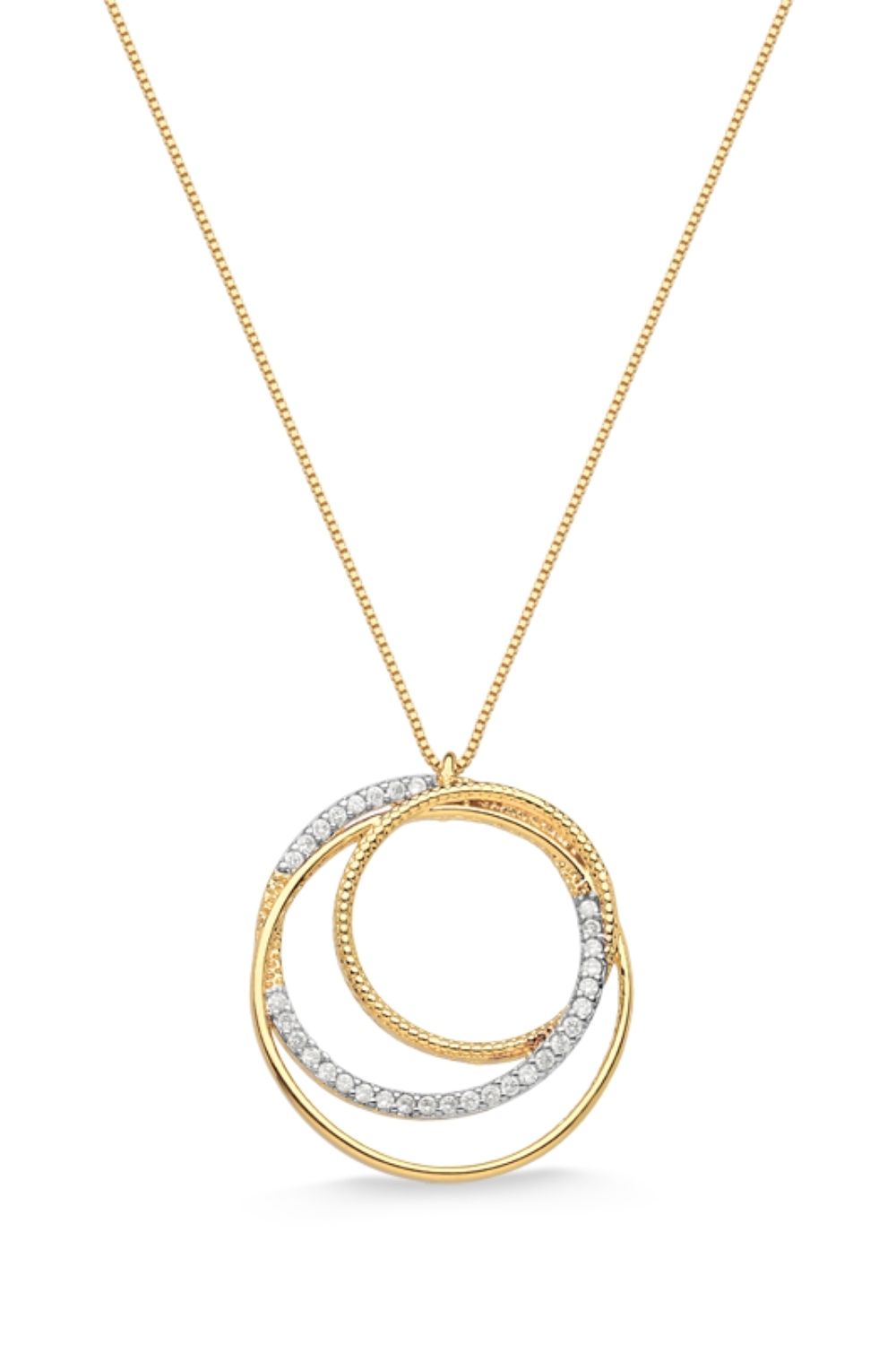 COLAR COM PINGENTE DE CÍRCULOS SOBREPOSTOS CRAVEJADO COM ZIRCÔNIAS FOLHEADO A OURO 18K
