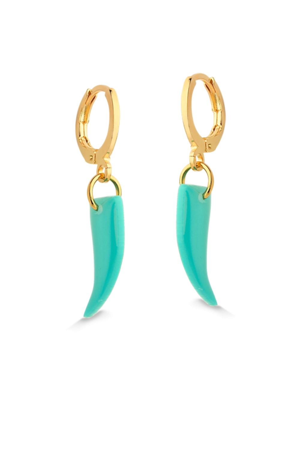 BRINCO DE ARGOLA COM PINGENTE PEQUENO DENTE SABRE EM ACRÍLICO VERDE TURQUESA