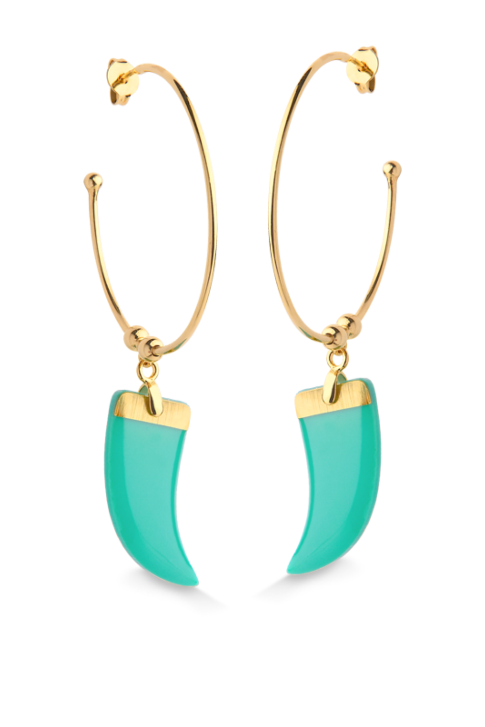 BRINCO DE ARGOLA COM PINGENTE DENTE DE SABRE EM ACRÍLICO VERDE TURQUESA