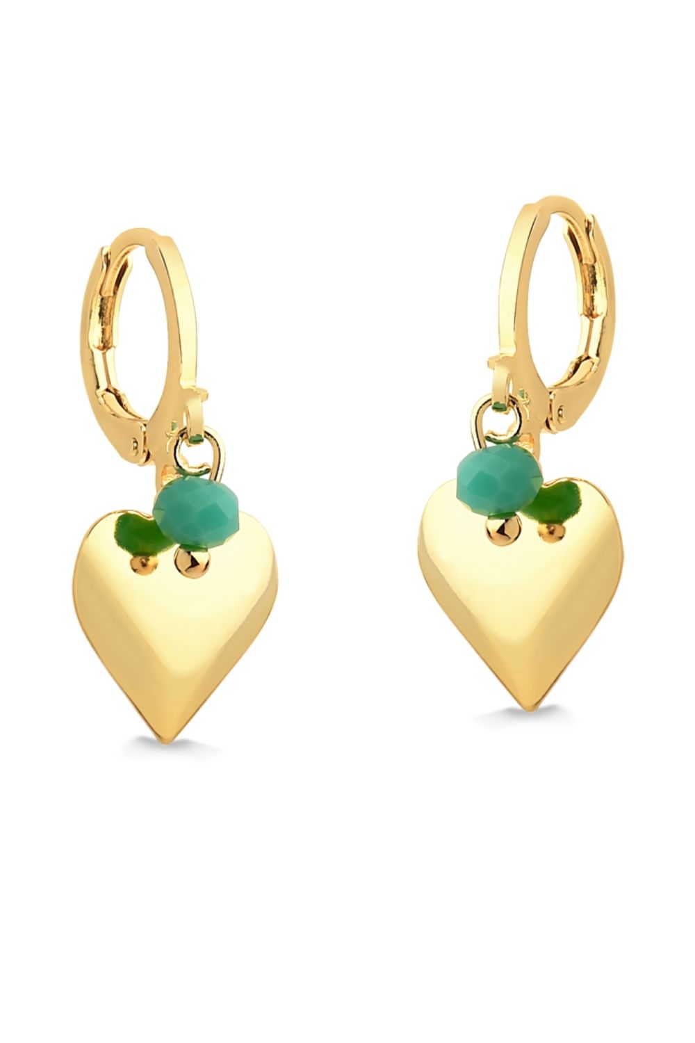 BRINCO DE ARGOLA COM PINGENTE DE CORAÇÃO E PEDRA NATURAL VERDE TURQUESA