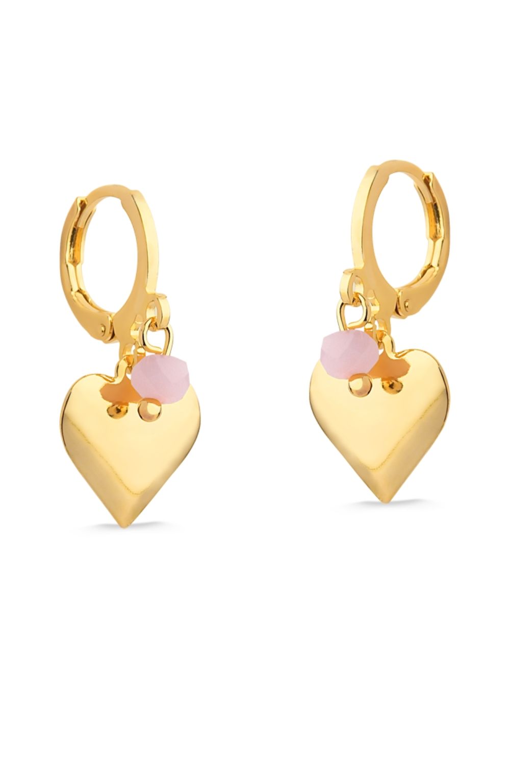 BRINCO DE ARGOLA COM PINGENTE DE CORAÇÃO E PEDRA NATURAL ROSA