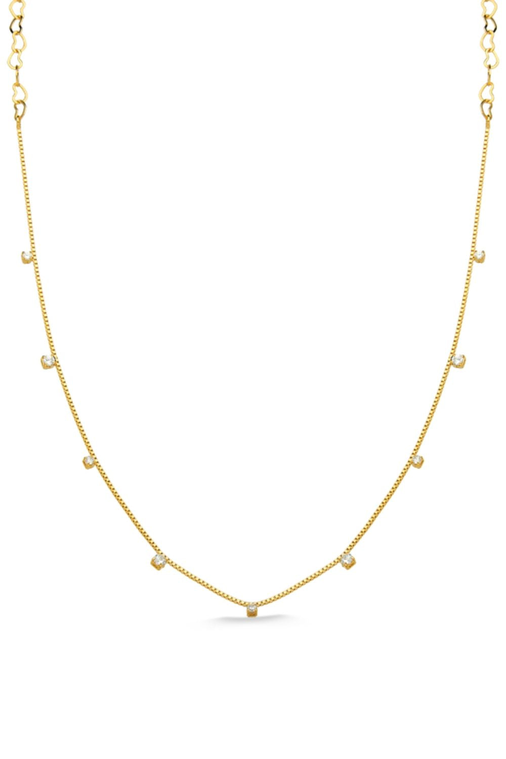 COLAR CHOKER DELICADO COM ZIRCÔNIAS E EXTENSOR DE CORAÇÃO FOLHEADO A OURO 18K
