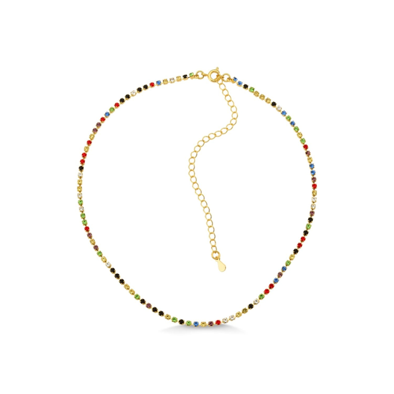 COLAR CHOKER STRASS COLORIDO 35CM COMPRIMENTO FOLHEADO A OURO 18K