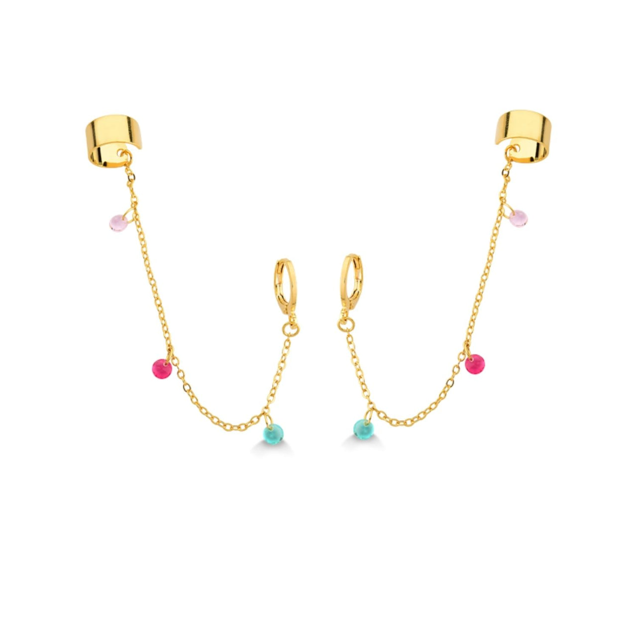 BRINCO DE ARGOLA E PIERCING COM PEDRAS COLORIDAS FOLHEADO A OURO 18K