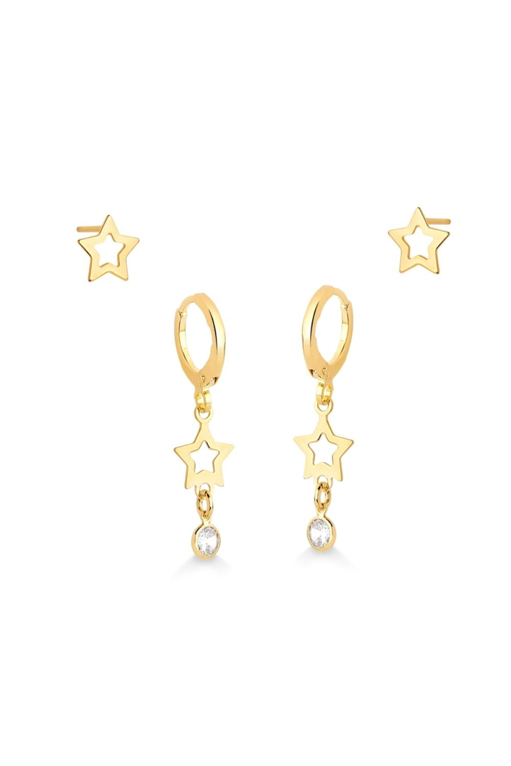 BRINCO DUPLA DE ARGOLA COM ESTRELA FOLHEADO A OURO 18K