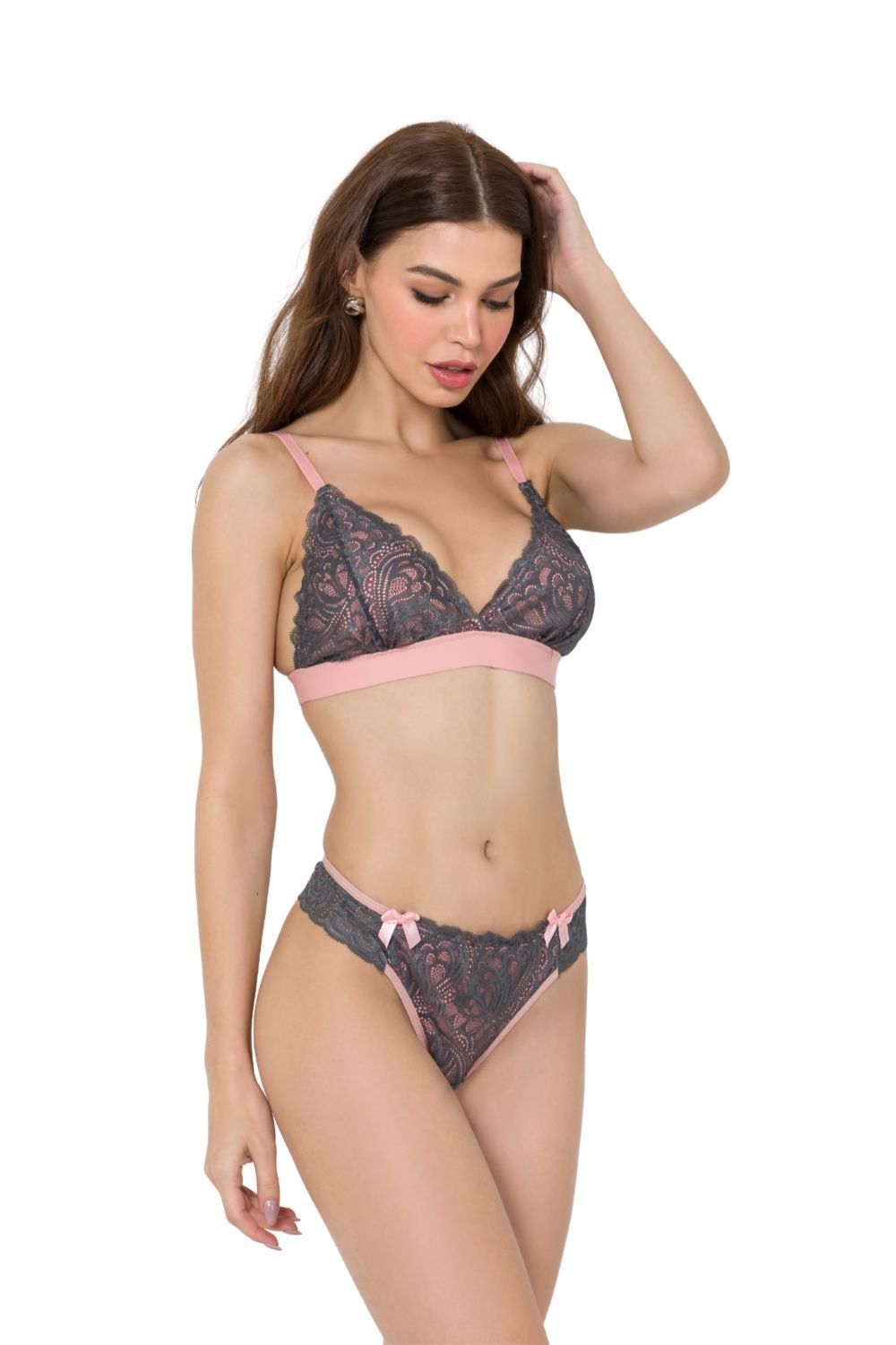 LINGERIE CONJUNTO TOP SEM BOJO E CALCINHA FIO EM TACTEL E RENDA
