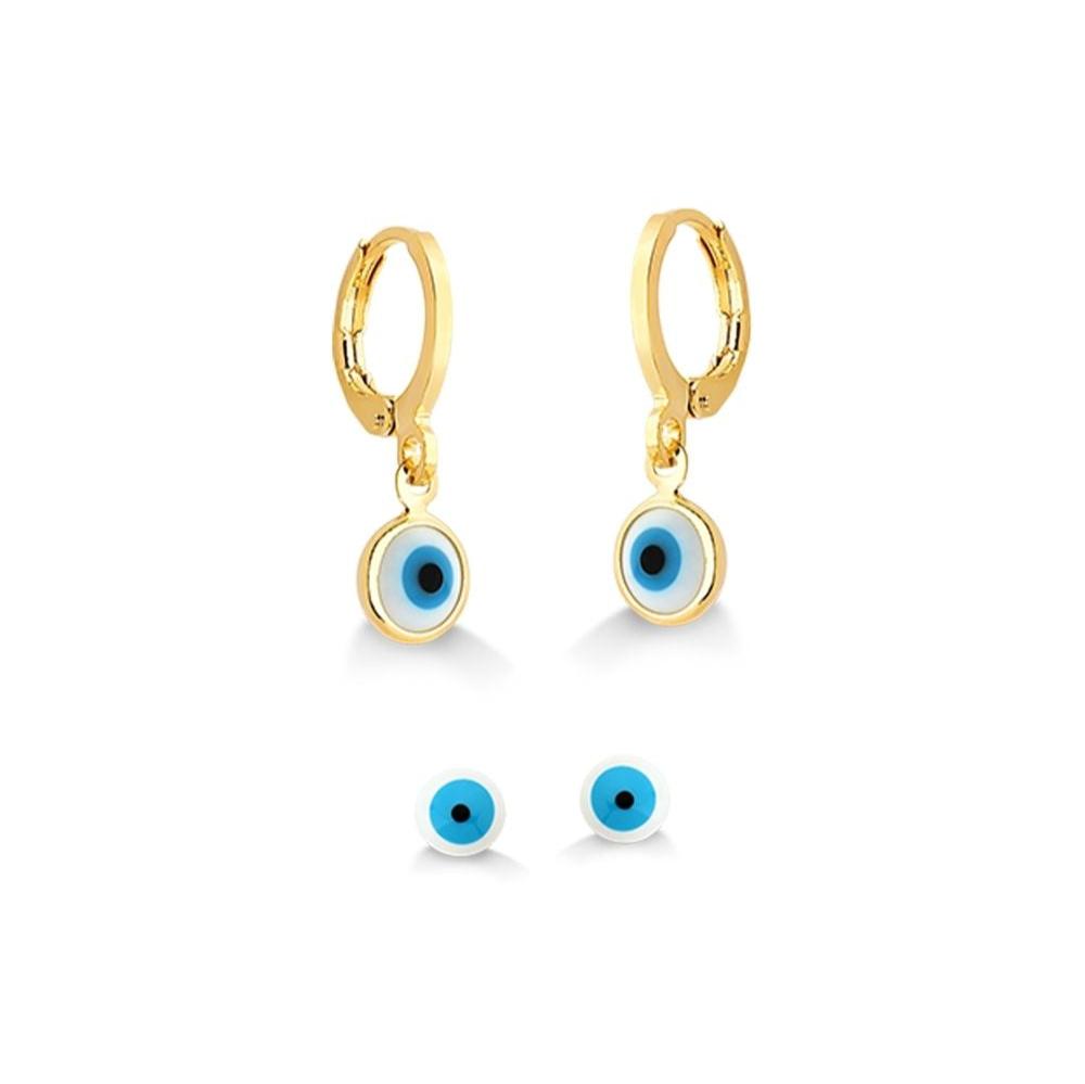 BRINCO DUPLA DE ARGOLA E SEGUNDO FURO DE OLHO BRANCO REDONDO FOLHEADO A OURO 18K