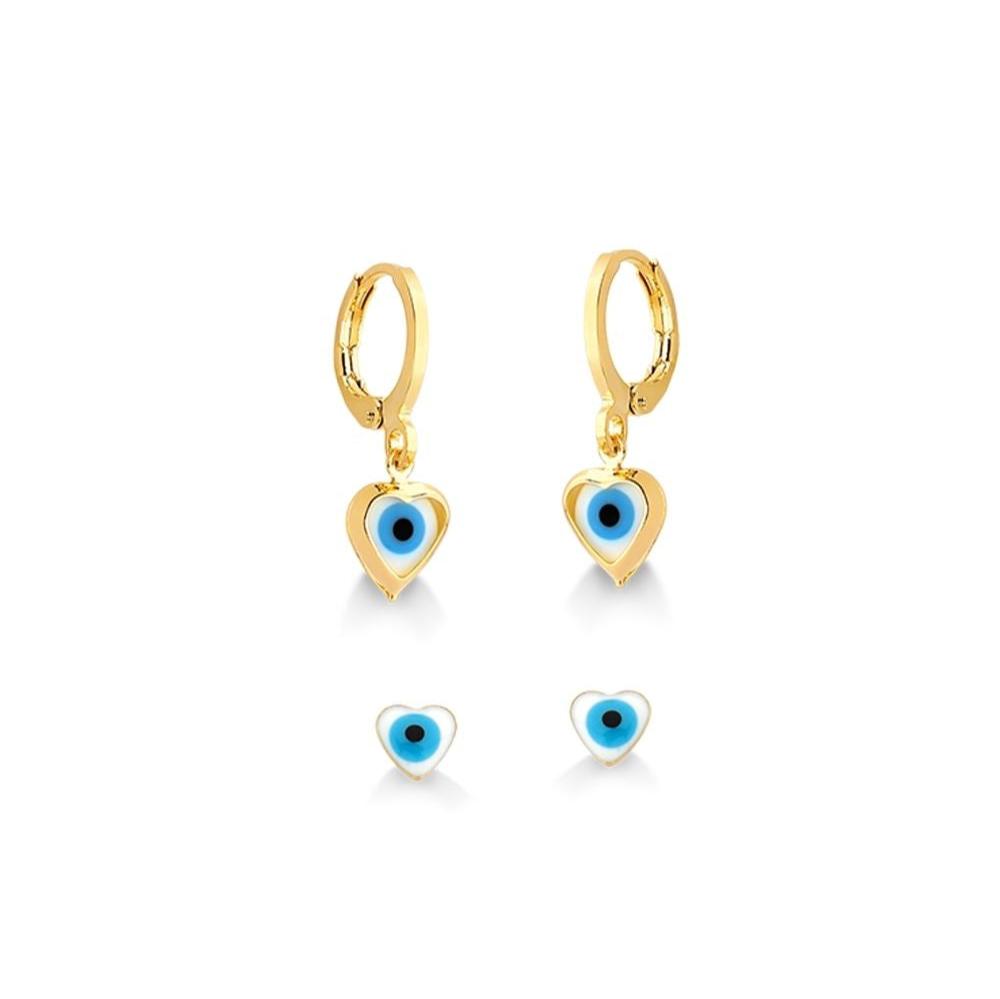 BRINCO DUPLA DE ARGOLA E SEGUNDO FURO DE OLHO BRANCO CORAÇÃO  FOLHEADO A OURO 18K
