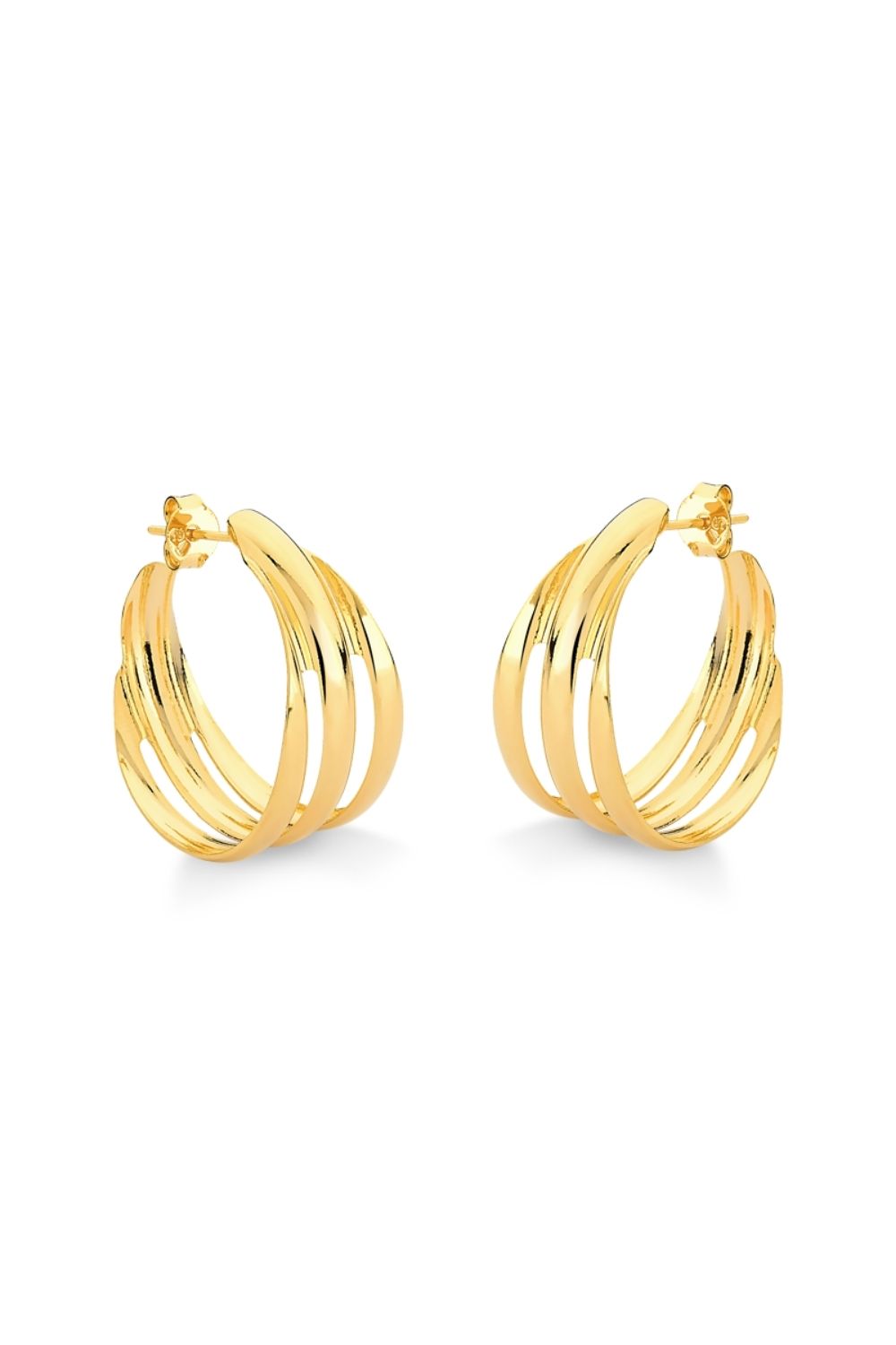BRINCO ARGOLA GRANDE COM TRES LINHAS LISAS FOLHEADO A OURO 18K