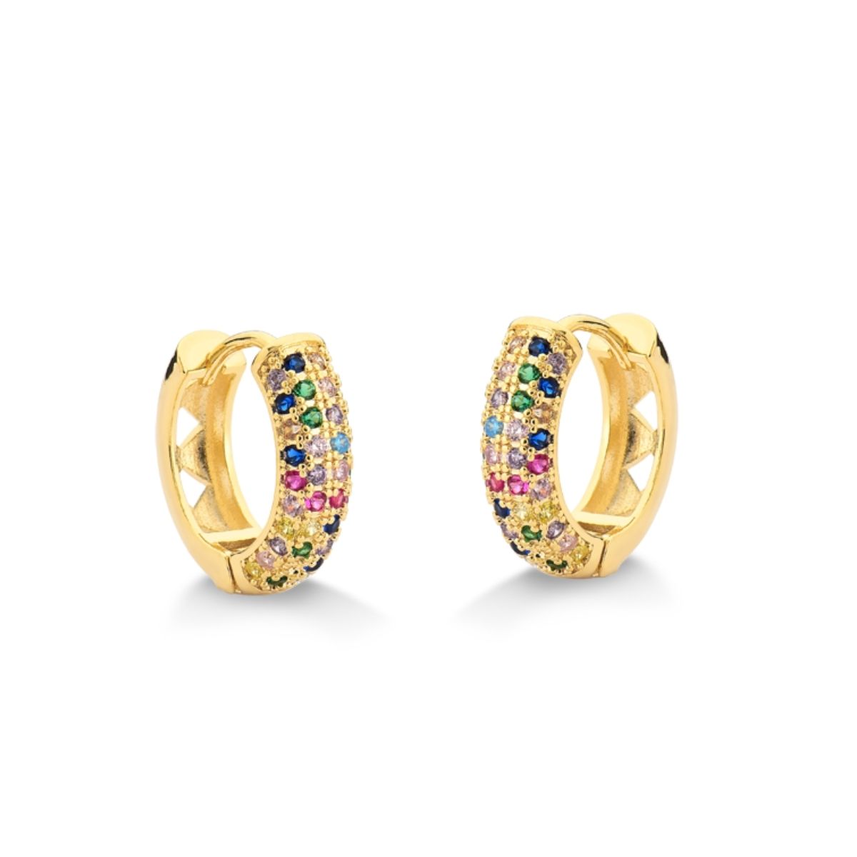 BRINCO DE ARGOLA CRAVEJADA DE ZIRCONIAS COLORIDAS FOLHEADA A OURO 18K