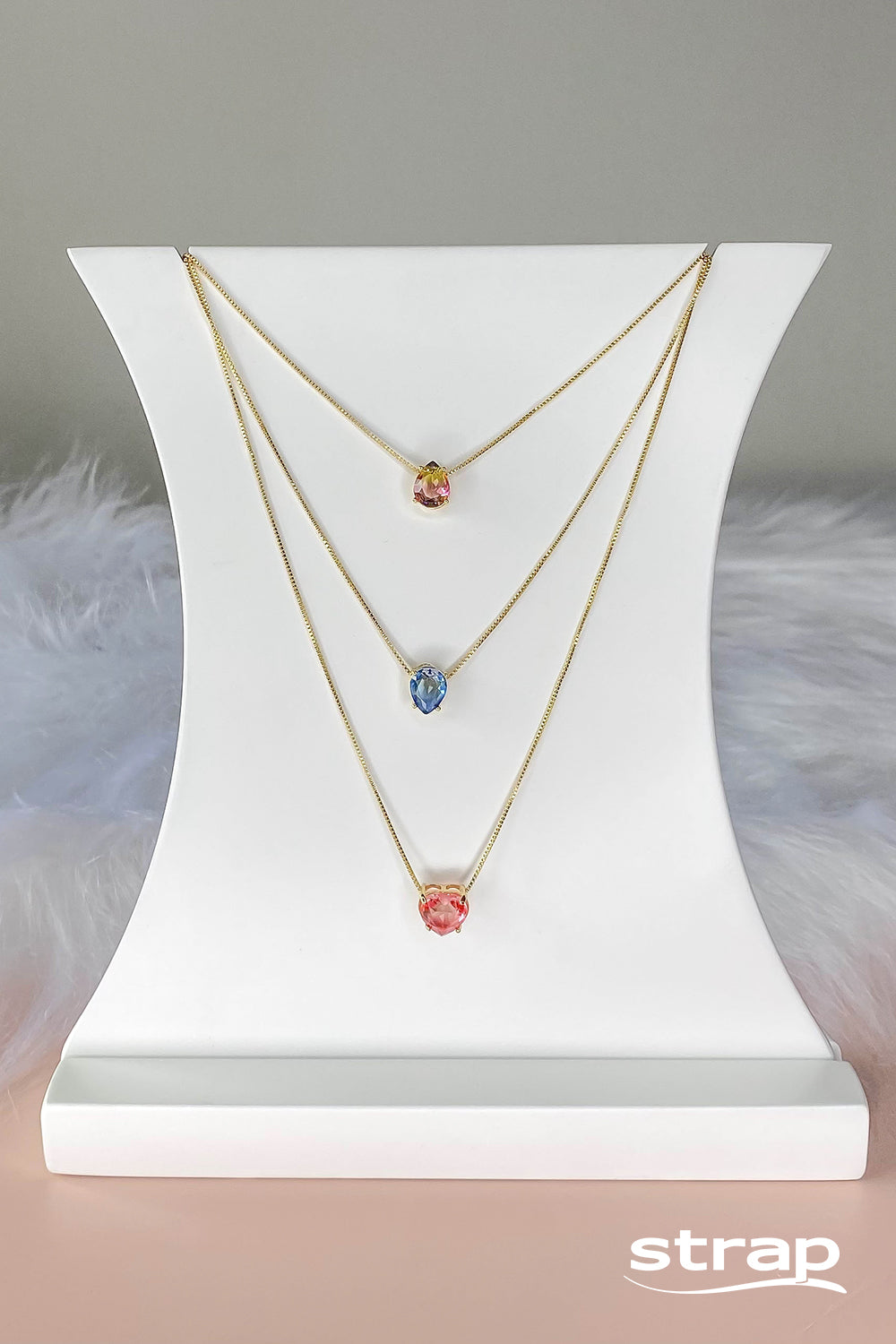 COLAR PEDRA GOTA ROSA E AMARELO FOLHEADO A OURO 18K
