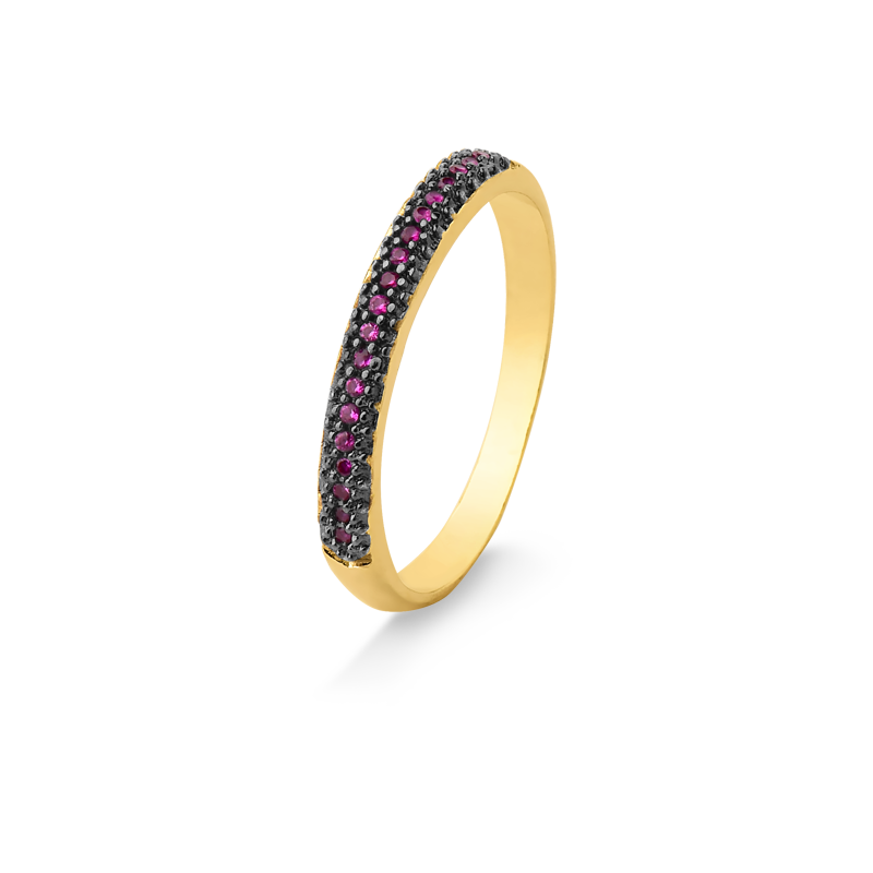 ANEL CRAVEJADO COM MICRO ZIRCÔNIAS VERMELHAS FOLHEADO A OURO 18K