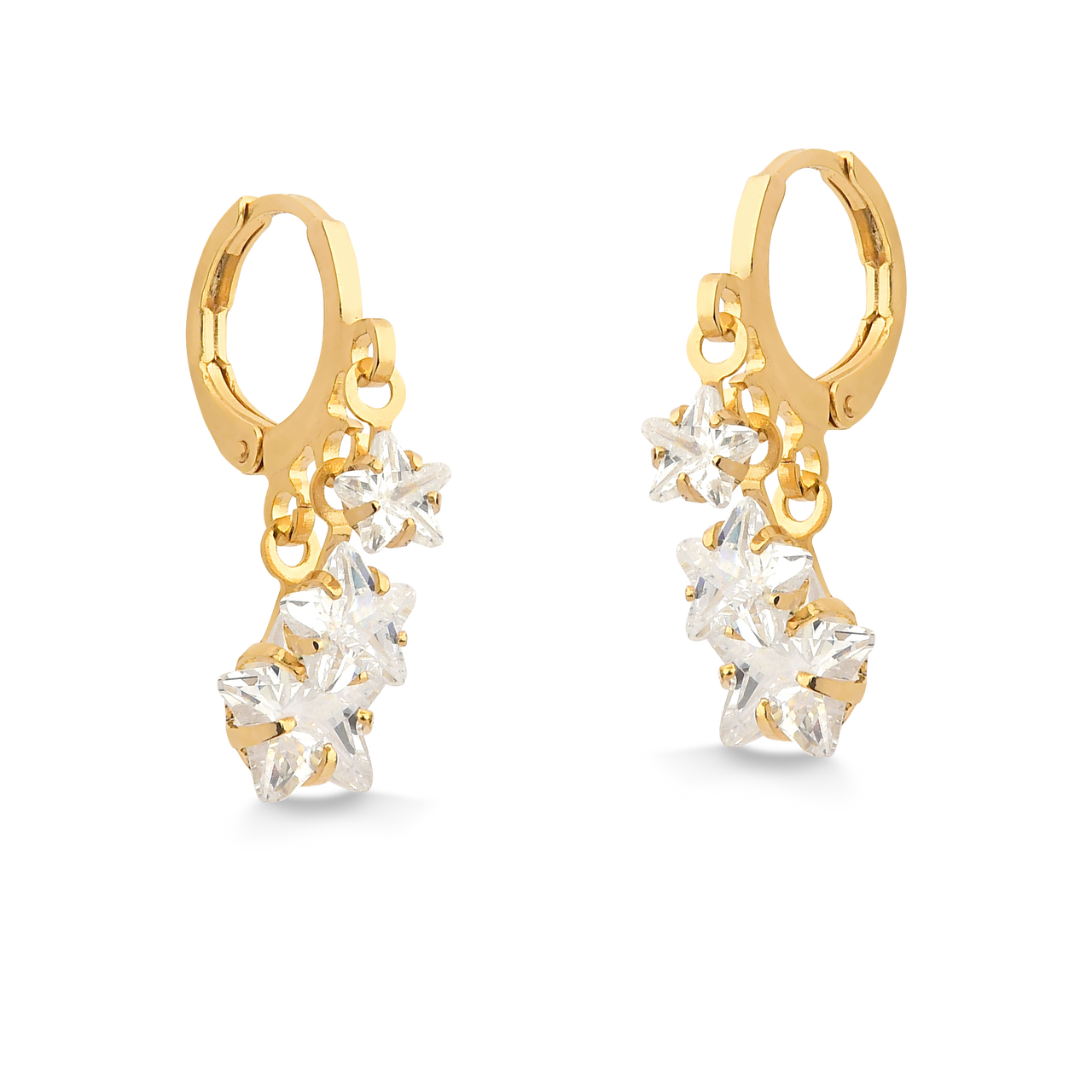 BRINCO DE ARGOLA FECHADA COM TRÊS PINGENTES DE ESTRELA DE ZIRCONIA FOLHEADA A OURO 18K