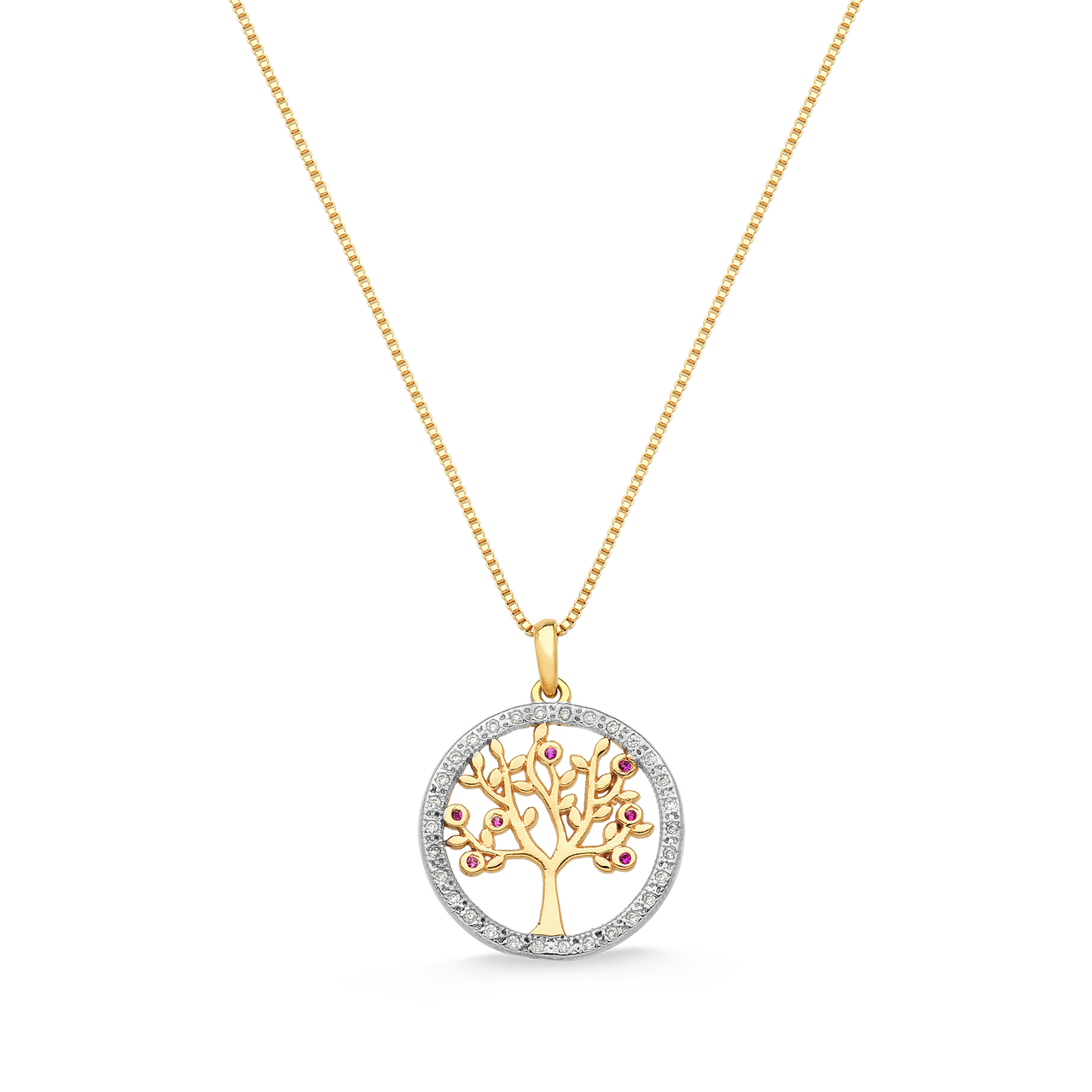 COLAR COM MANDALA ÁRVORE DA VIDA CRAVEJADO DE ZIRCÔNIAS VERMELHAS FOLHEADO A OURO 18K
