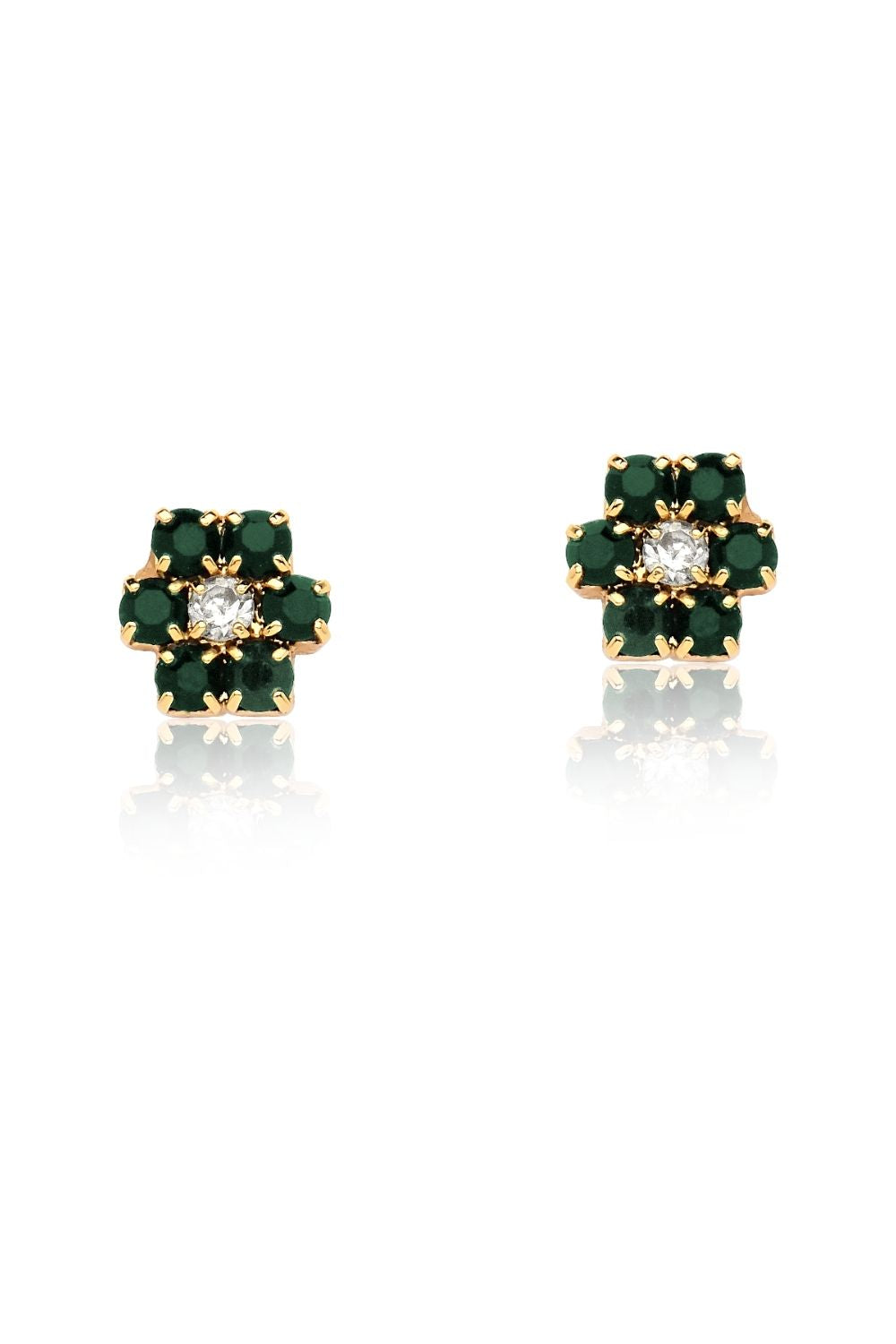 BRINCO MINI FLOR COM ZIRCÔNIAS VERDES FOLHEADO A OURO 18K