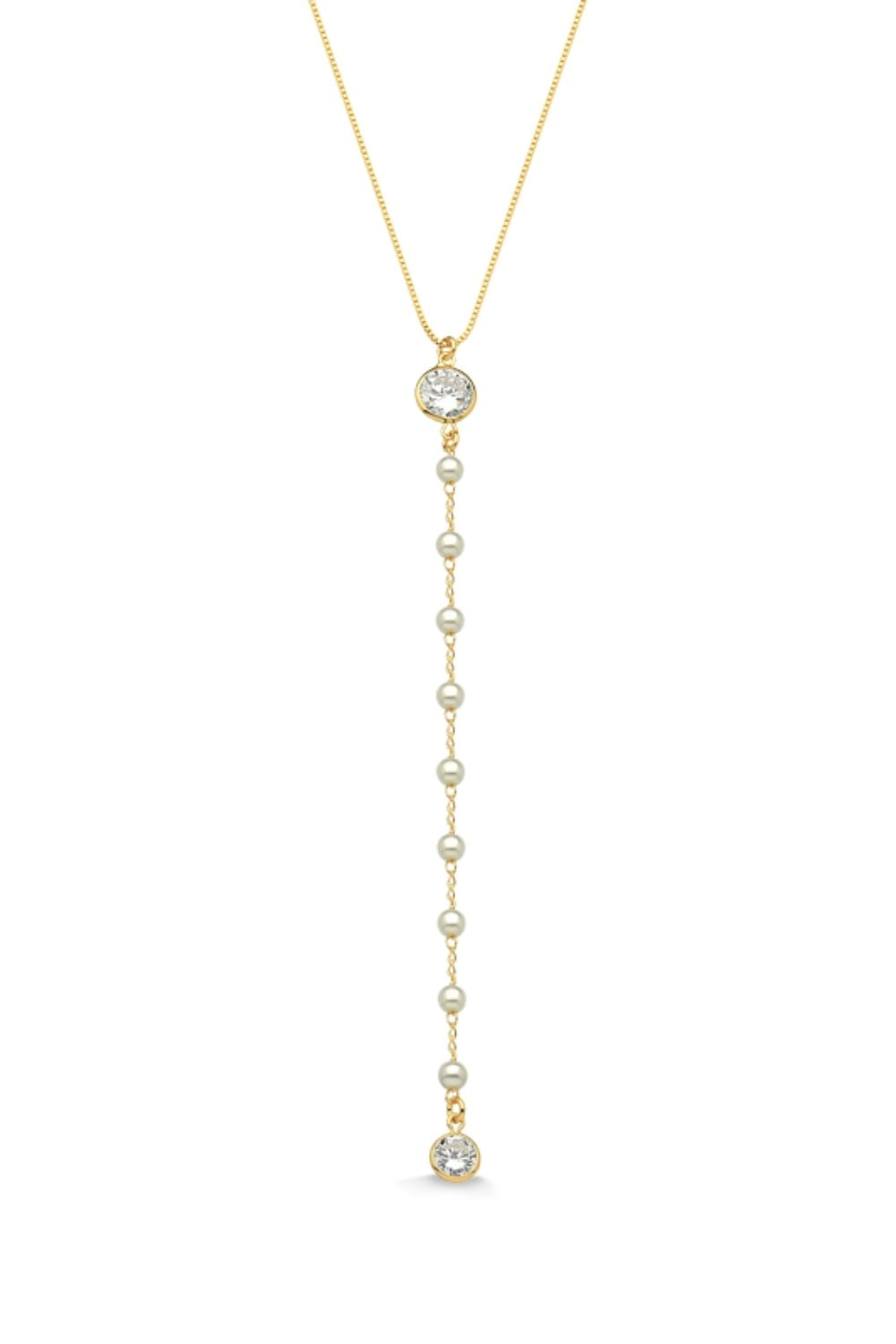 COLAR COM PINGENTE LONGO DE PÉROLAS E ZIRCÔNIAS FOLHEADO A OURO 18K