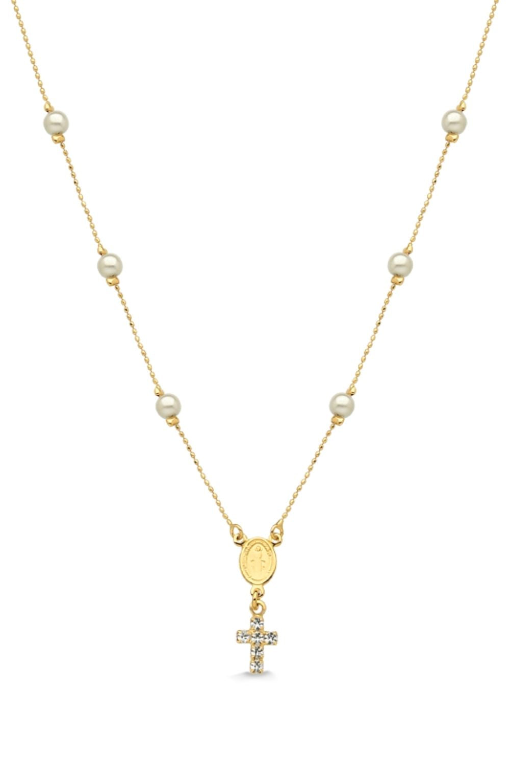 COLAR TERÇO COM PÉROLAS FOLHEADO A OURO 18K