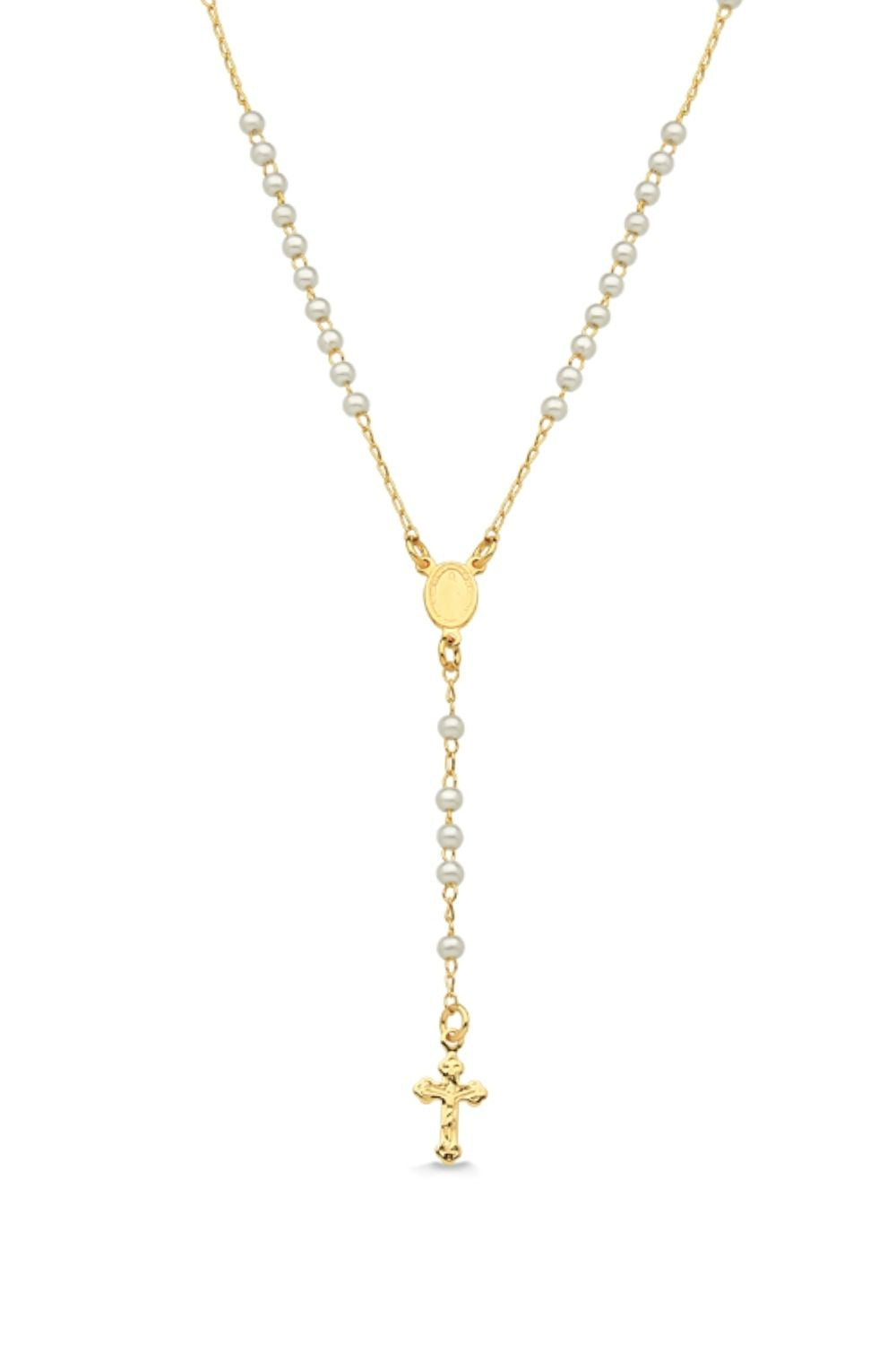 COLAR TERÇO COM PÉROLAS FOLHEADO A OURO 18K