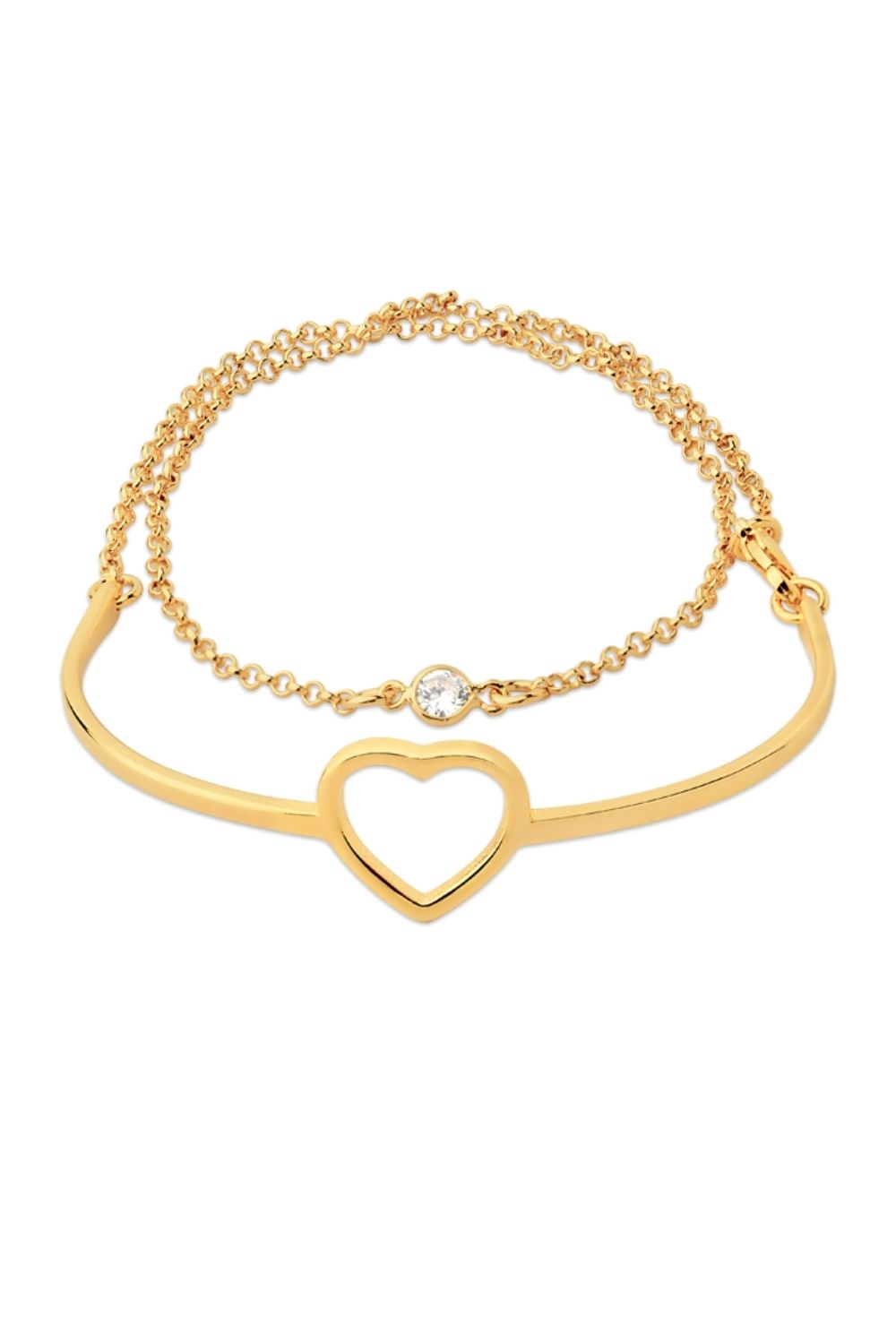 BRACELETE RÍGIDO COM CORAÇÃO E PULSEIRA COM ZIRCÔNIA FOLHEADO A OURO 18K