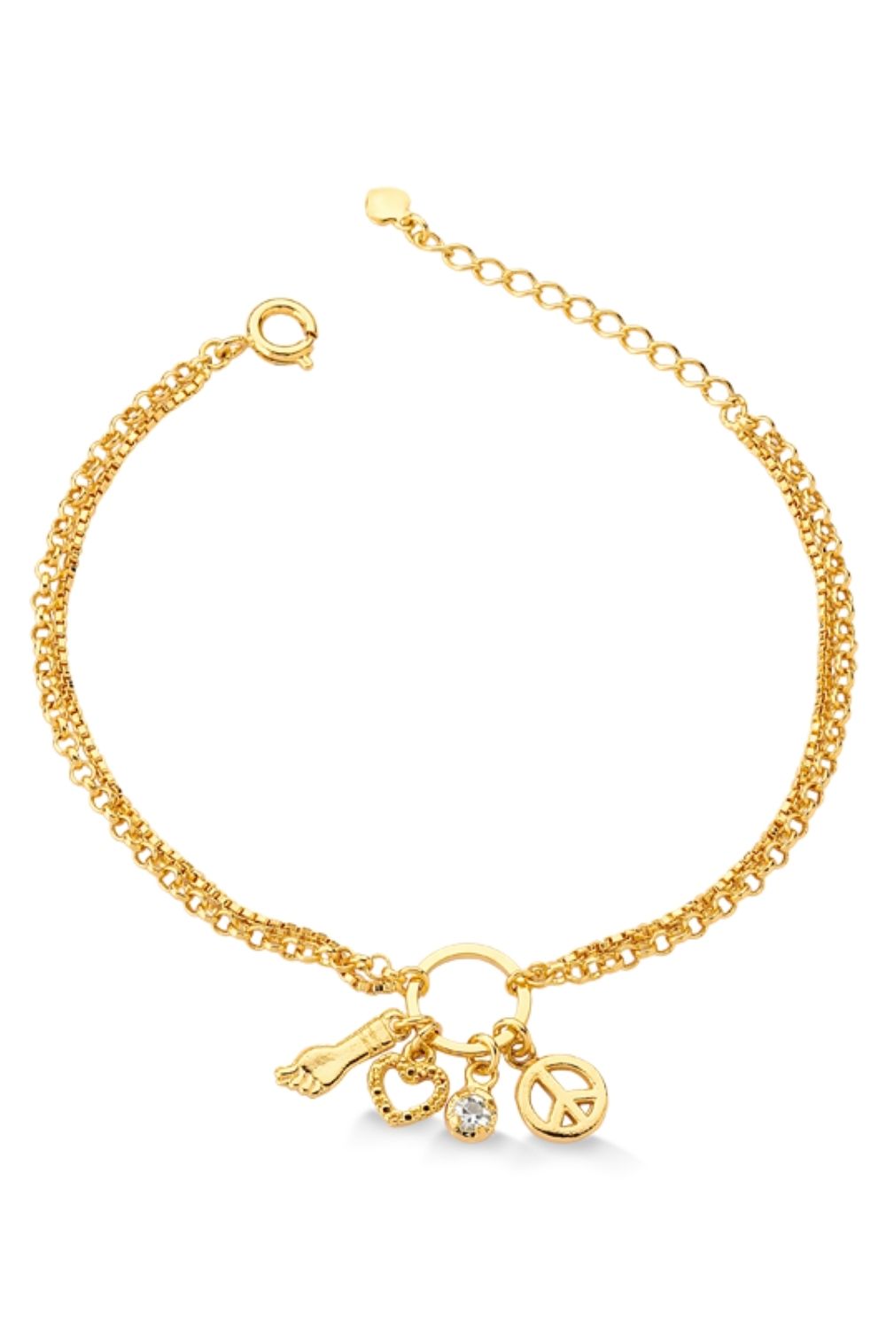 PULSEIRA COM FIGA CORAÇÃO ZIRCÔNIA E PAZ FOLHEADA A OURO 18K