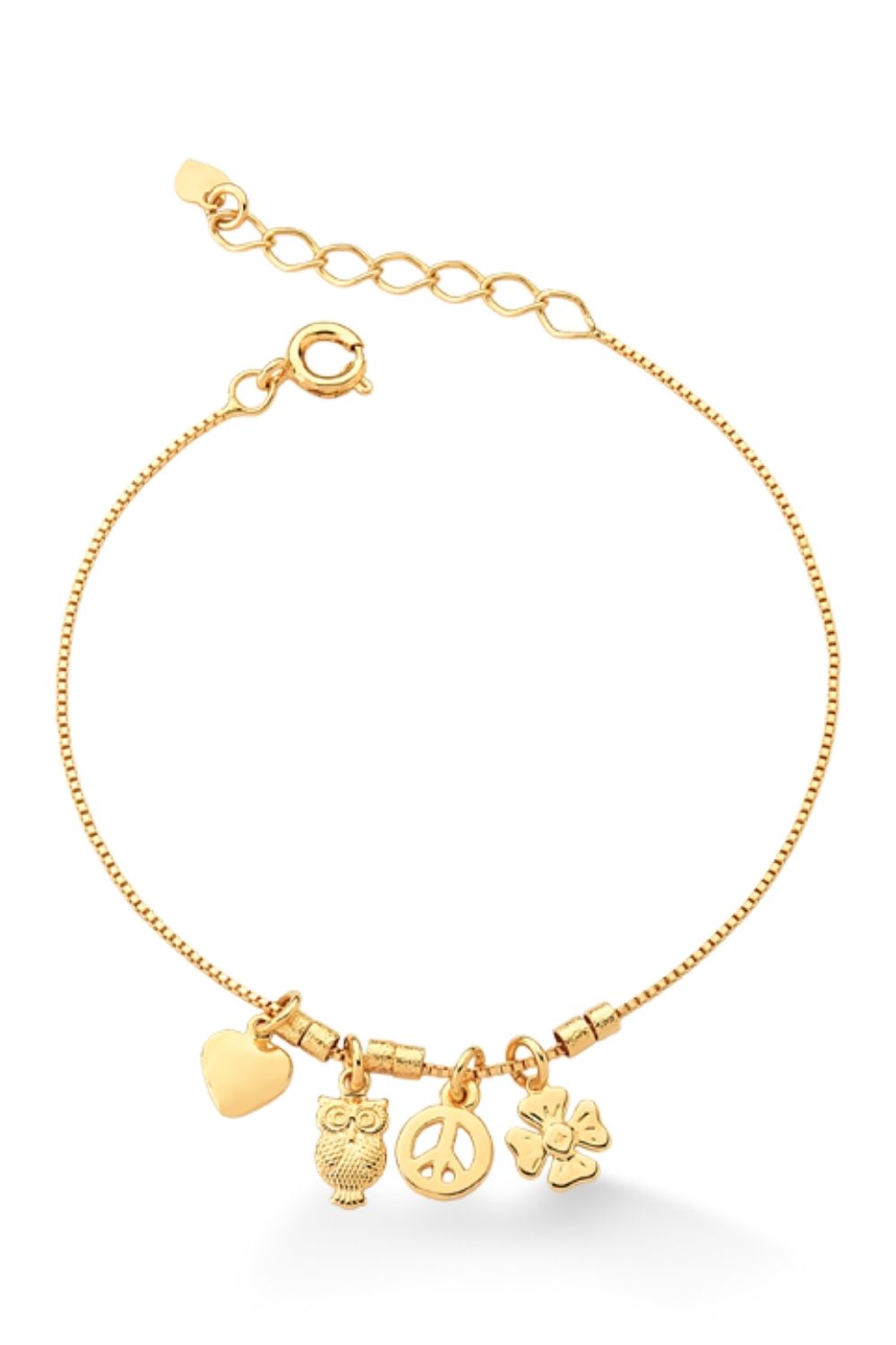 PULSEIRA CORAÇÃO CORUJA PAZ E TREVO FOLHEADA A OURO 18K