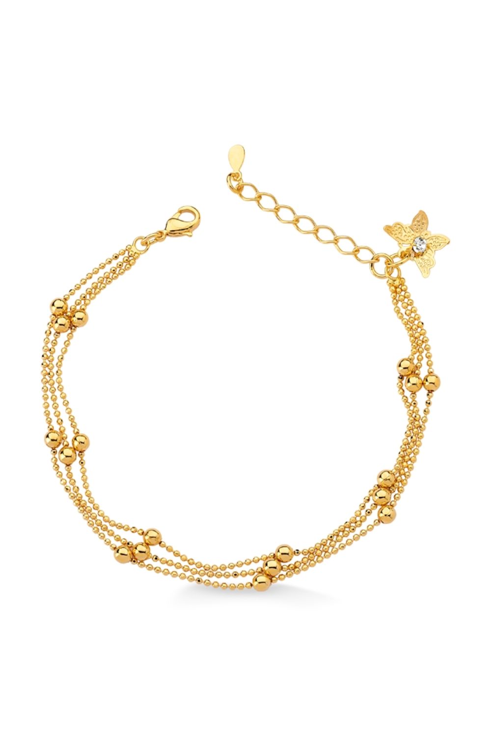 PULSEIRA TRIPLA COM PINGENTE DE BORBOLETA FOLHEADA A OURO 18K