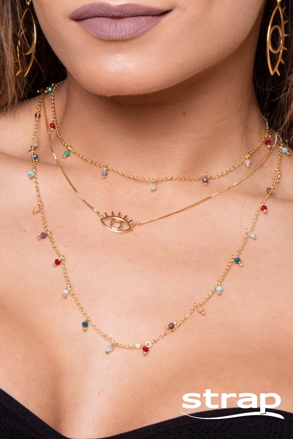 COLAR COM PEDRAS NATURAIS COLORIDAS FOLHEADO A OURO 18K