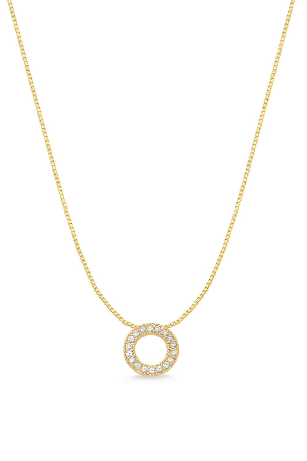 COLAR COM PINGENTE CÍRCULO PEQUENO CRAVEJADO DE ZIRCÔNIAS FOLHEADO A OURO 18K