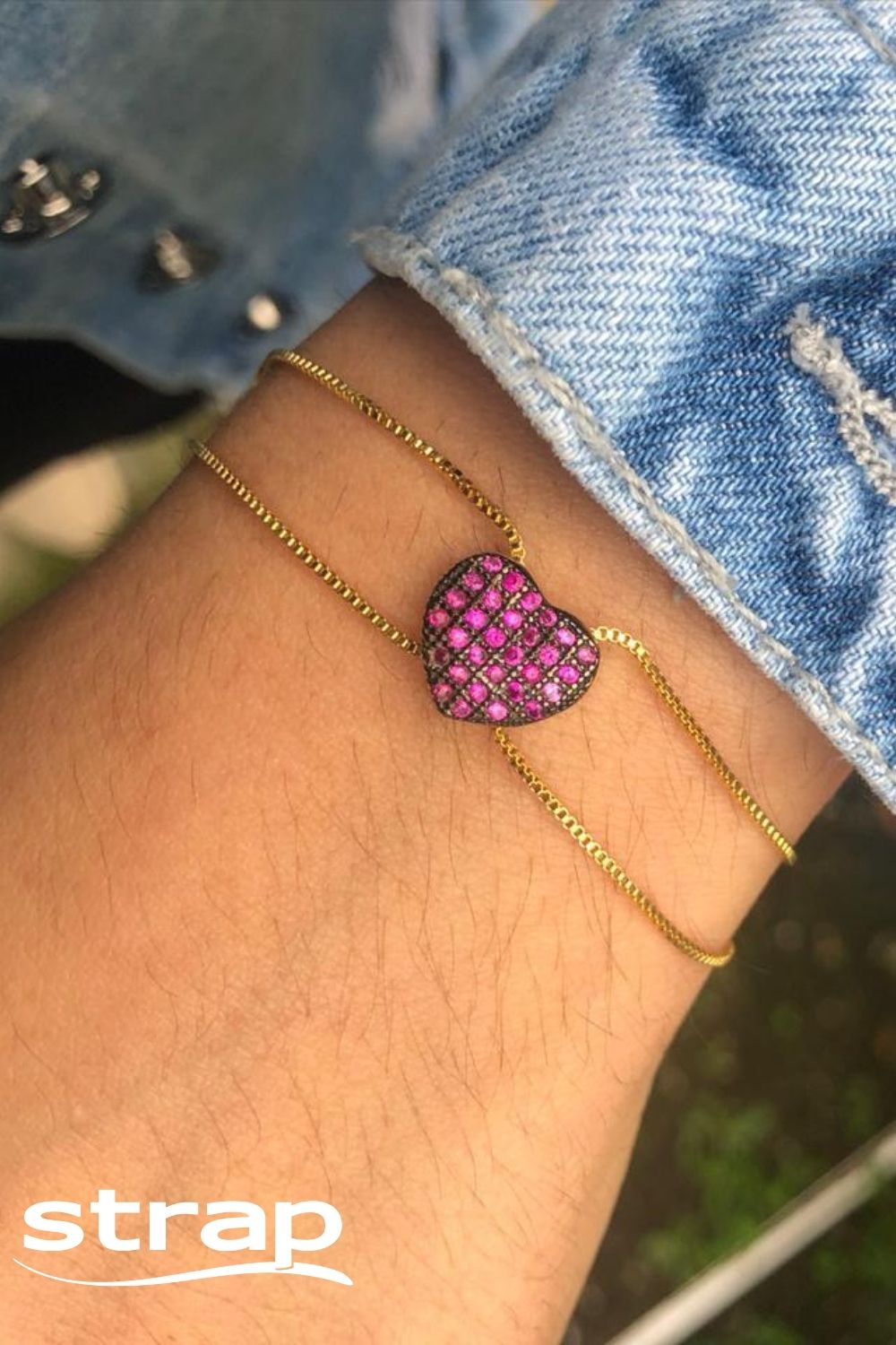 PULSEIRA COM CORAÇÃO CRAVEJADO DE ZIRCÔNIAS ROSA FOLHEADA A OURO 18K