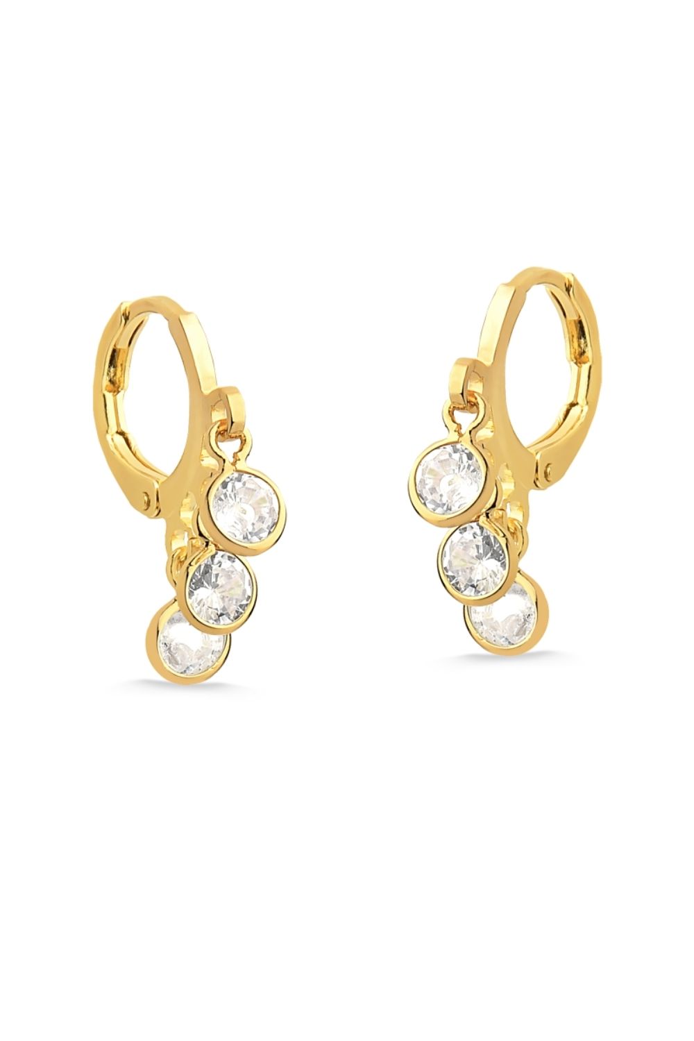 BRINCO DE ARGOLA COM TRÊS PINGENTES DE ZIRCÔNIA FOLHEADO A OURO 18K