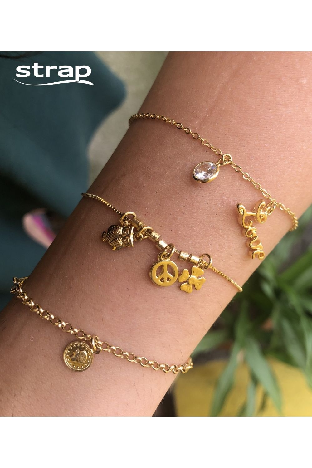 PULSEIRA CORAÇÃO CORUJA PAZ E TREVO FOLHEADA A OURO 18K