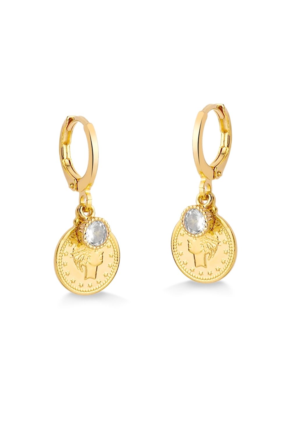 BRINCO DE ARGOLA COM MOEDA E ZIRCÔNIA FOLHEADO A OURO 18K