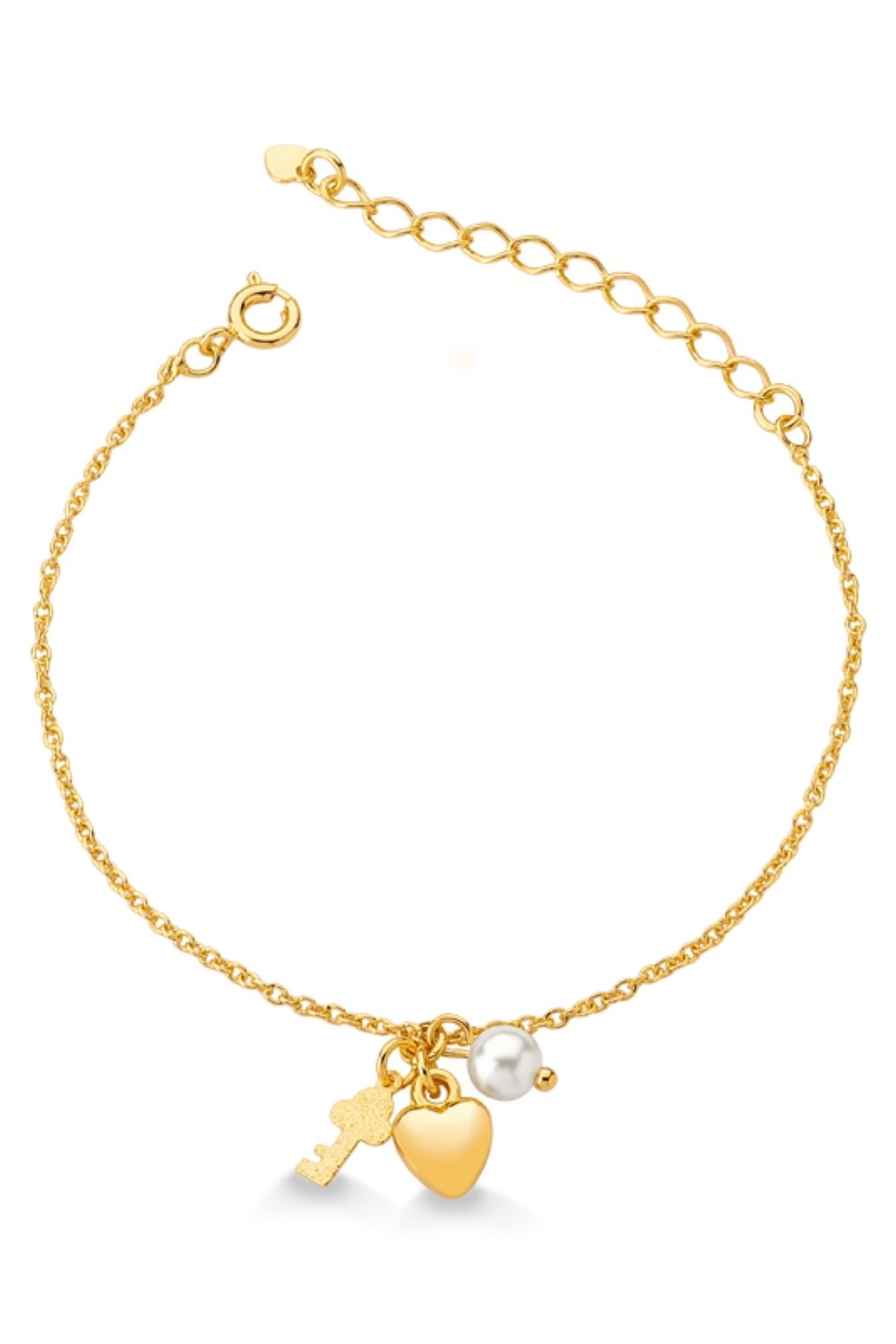 PULSEIRA COM CORAÇÃO CHAVE E PÉROLA FOLHEADA A OURO 18K