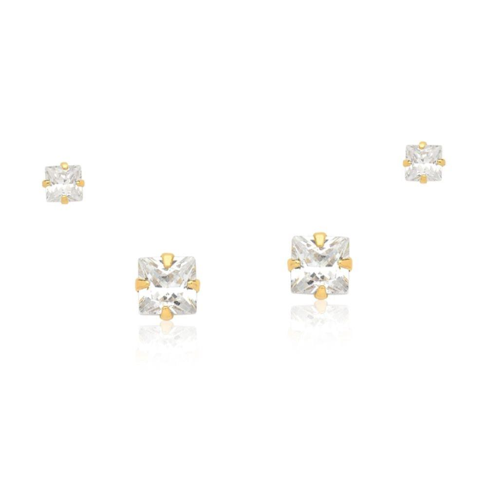 MINI BRINCO DUPLA PEQUENO DE ZIRCÔNIA QUADRADA FOLHEADO A OURO 18K