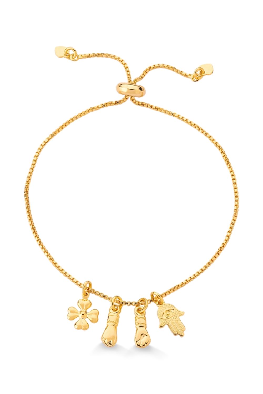 PULSEIRA REGULÁVEL COM TREVO HAMSÁ E FIGA FOLHEADA A OURO 18K