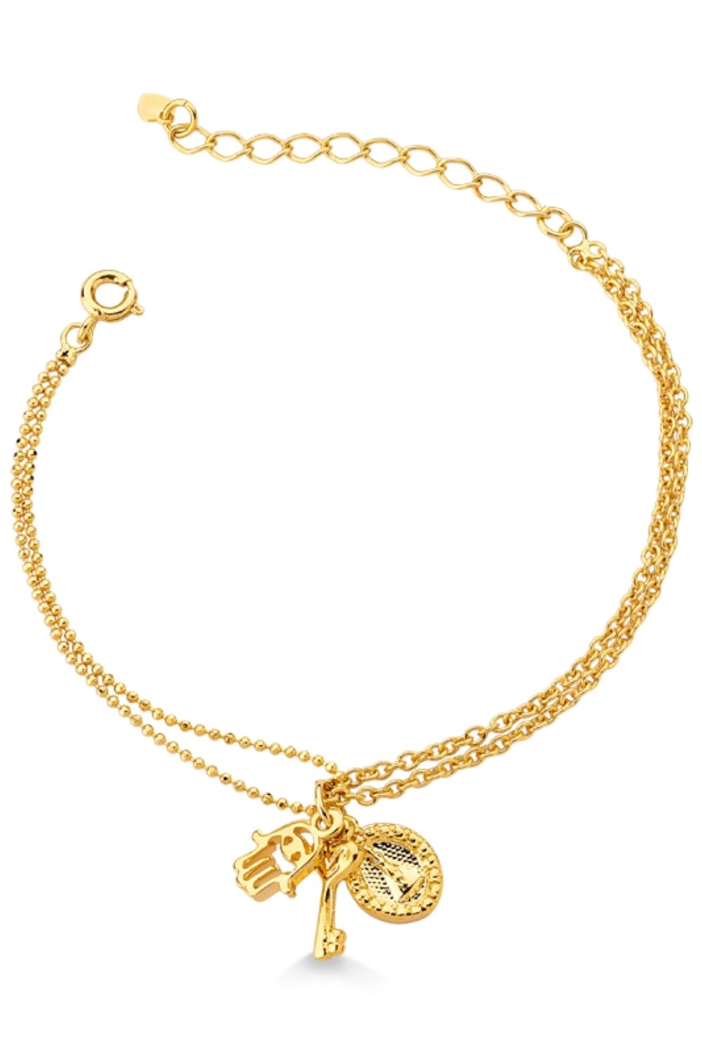 PULSEIRA DUPLA COM CHAVE HAMSÁ E N.SRA. APARECIDA FOLHEADA A OURO 18K