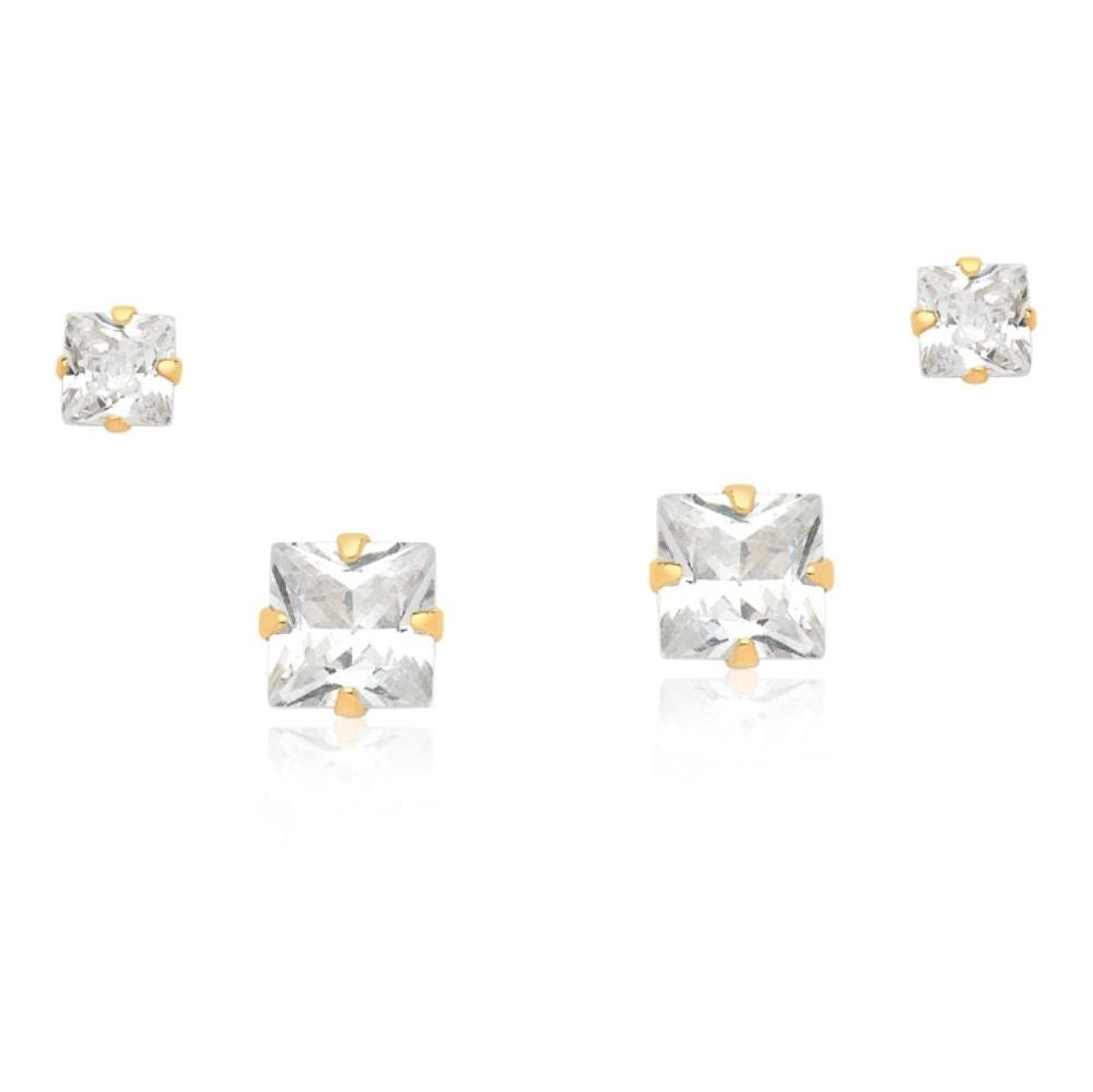 MINI BRINCO DUPLA MÉDIO DE ZIRCÔNIA QUADRADA FOLHEADO A OURO 18K