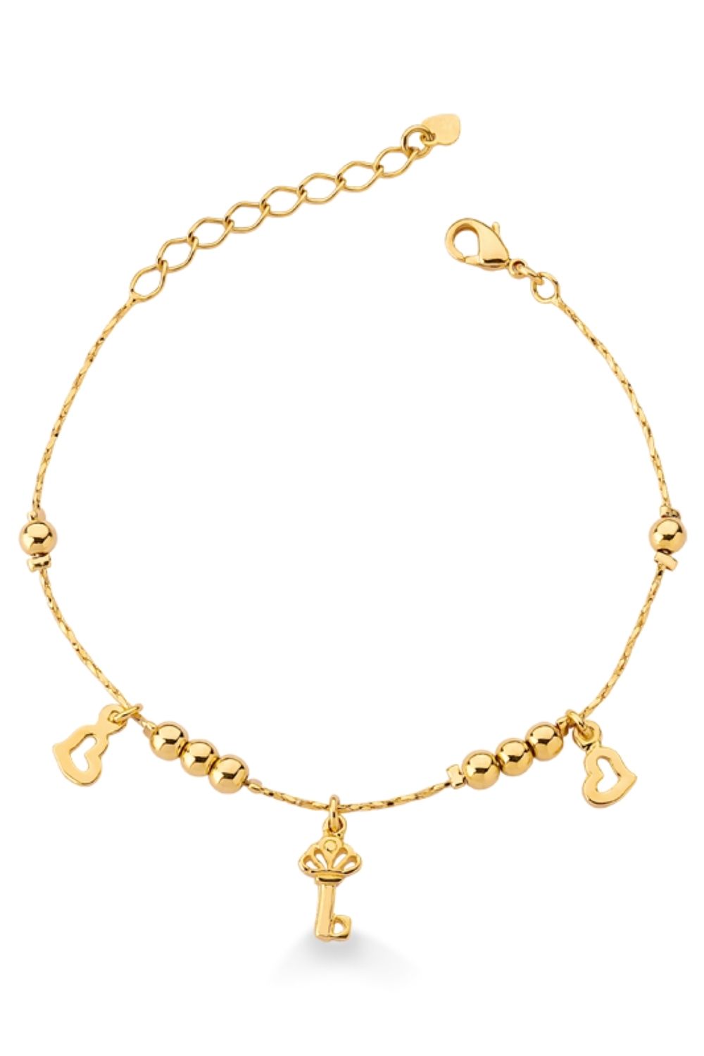 PULSEIRA COM CHAVE E CORAÇÕES COM BOLAS PEQUENAS FOLHEADA A OURO 18K