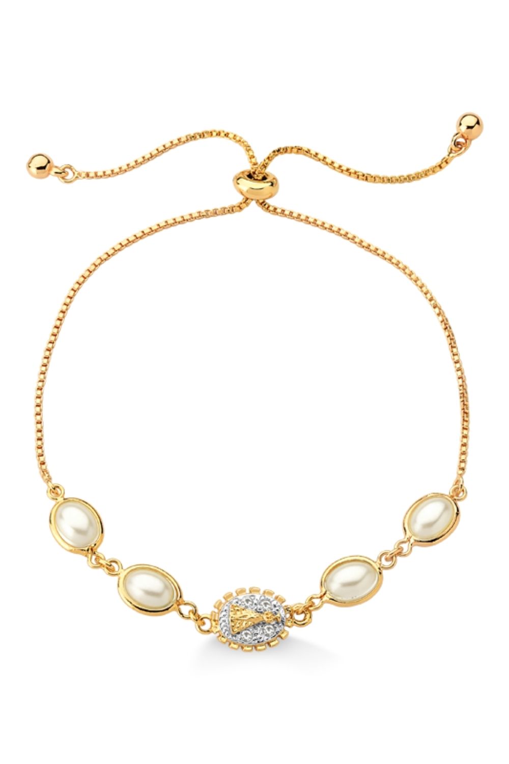 PULSEIRA REGULÁVEL N.SRA. APARECIDA COM PÉROLAS FOLHEADA A OURO 18K
