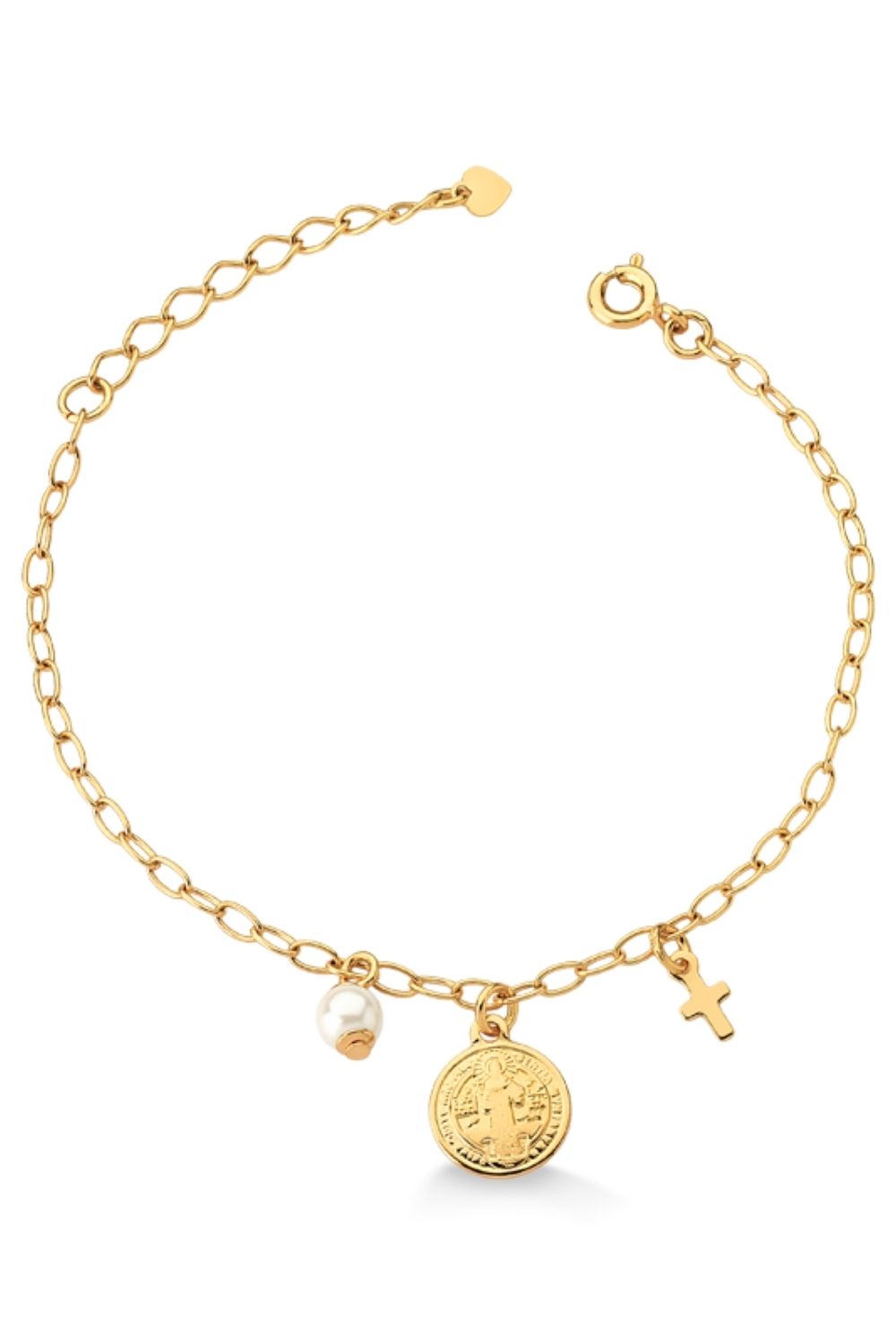 PULSEIRA SÃO BENTO COM CRUCIFIXO E PÉROLA FOLHEADA A OURO 18K