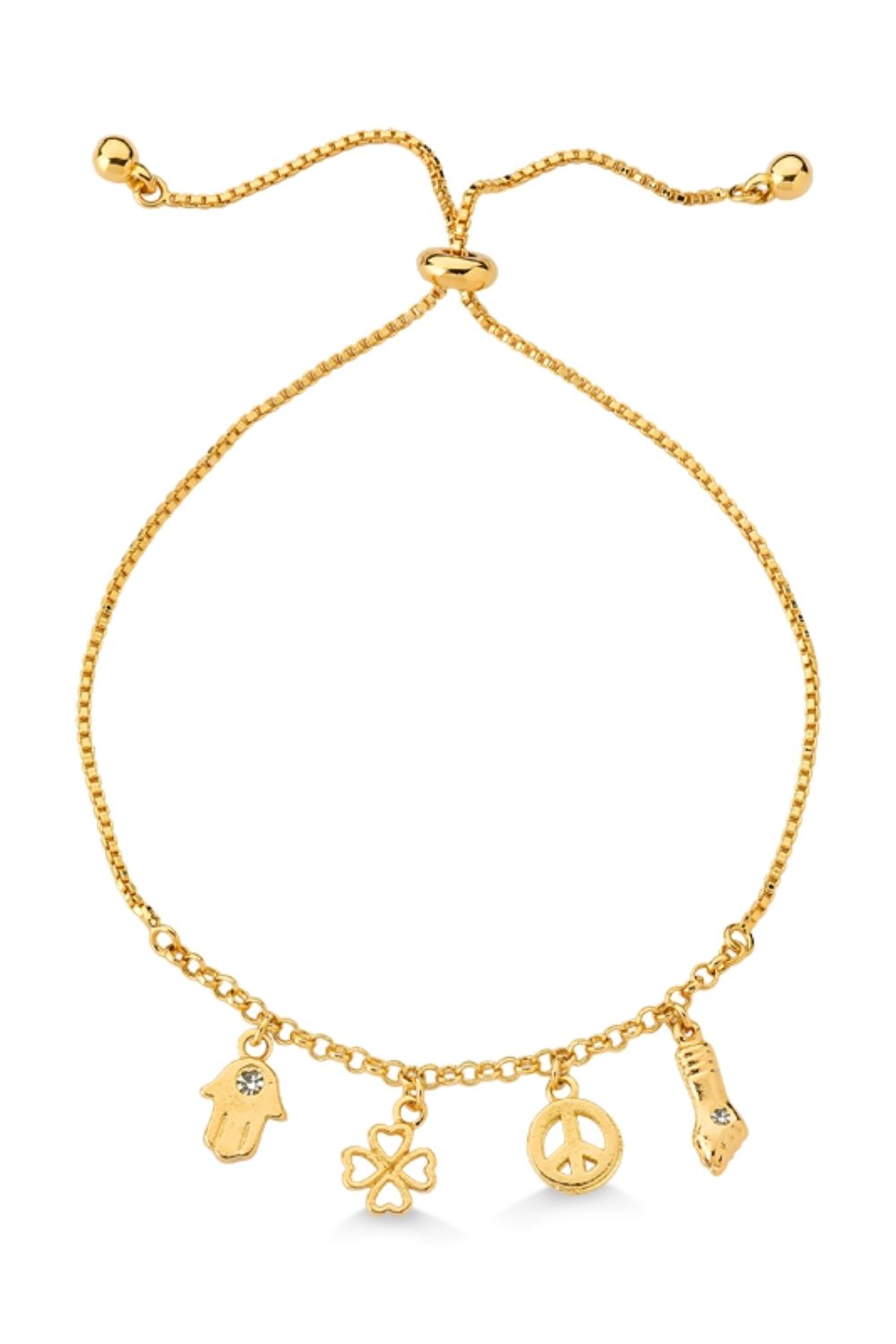 PULSEIRA COM PINGETE DE HAMSÁ TREVO PAZ E FIGA FOLHEADA A OURO 18K